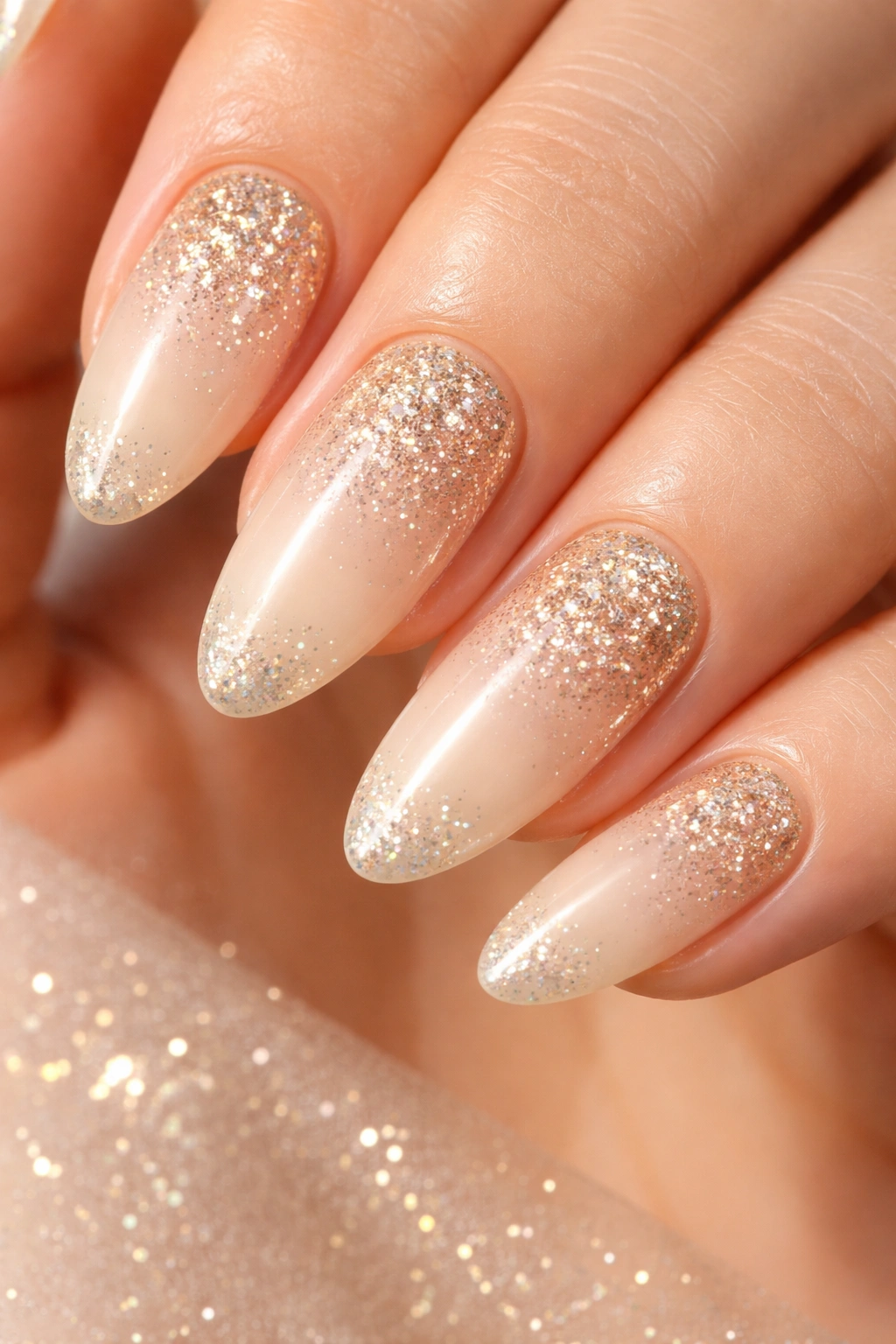 Close-up of champagne-based long-oval nails with glitter gradient