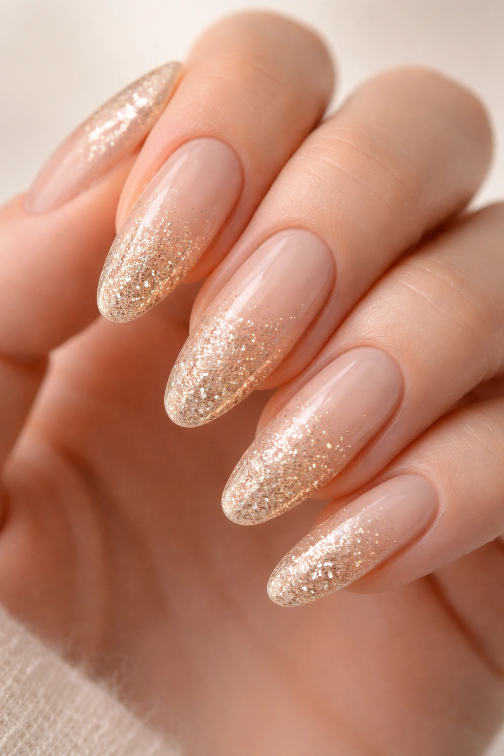Close-up of long oval nails with champagne glitter gradient.