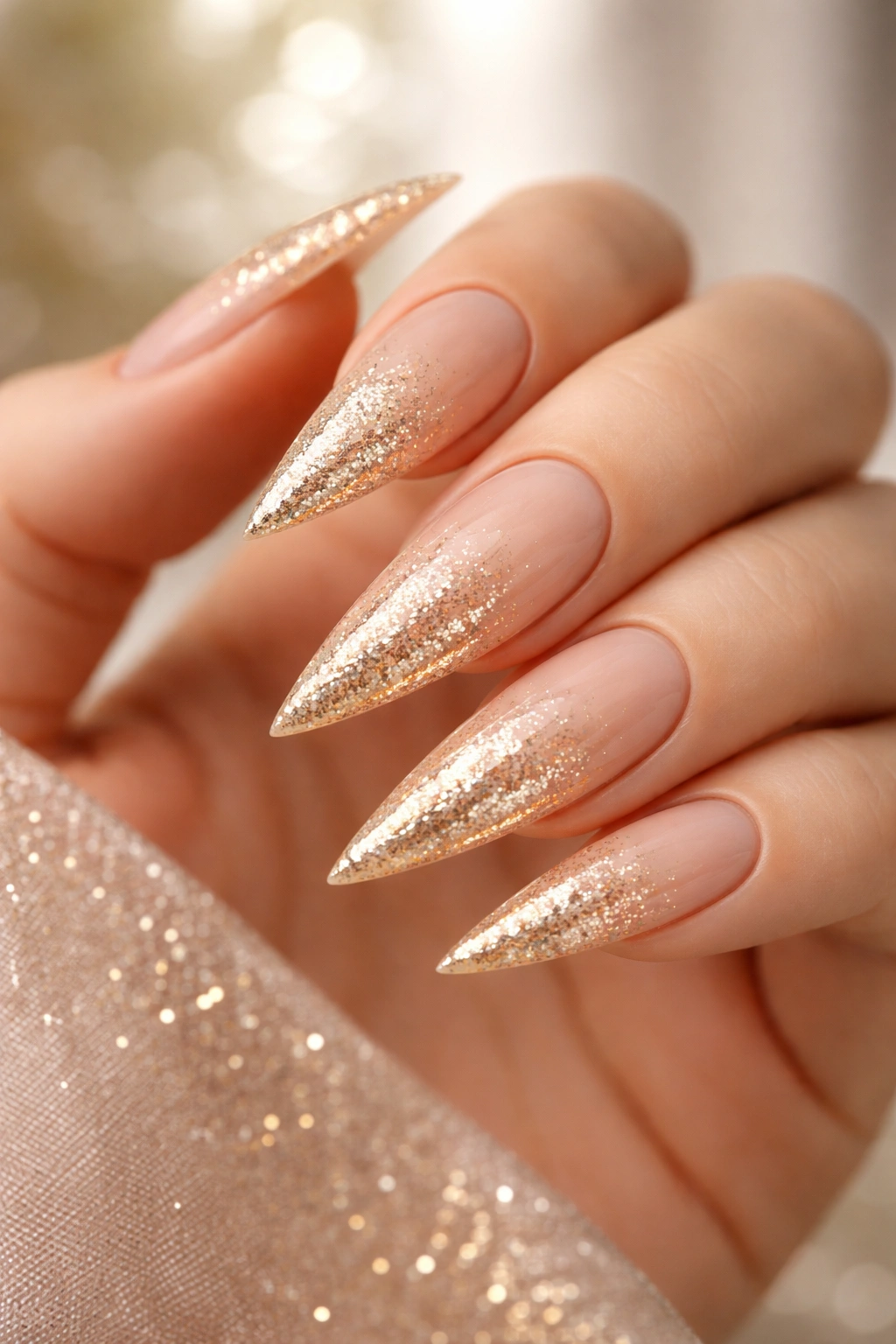 Close-up of champagne glitter gradient nails