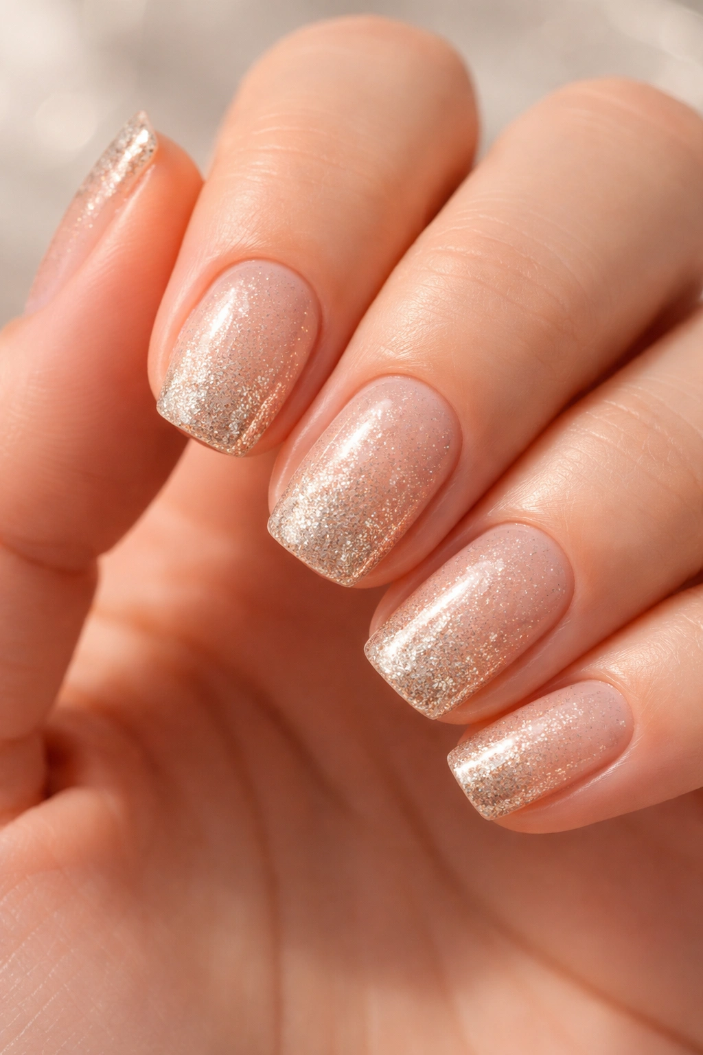 Close-up of champagne gradient squoval nails with sparkly tips.