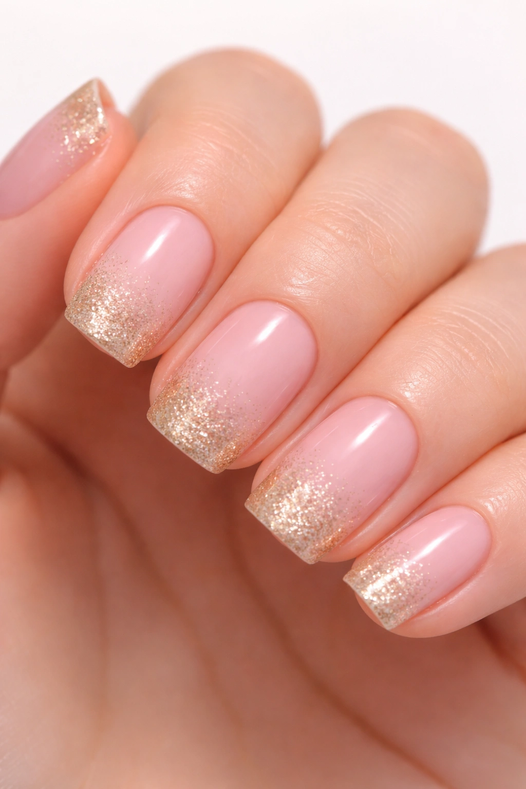 Close-up of soft pink nails with champagne glitter tips fading toward tips