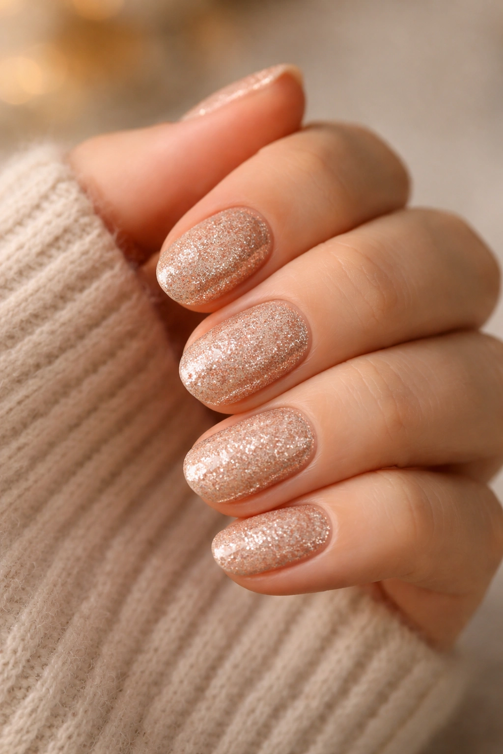 Close-up of short oval nails fully covered in champagne glitter