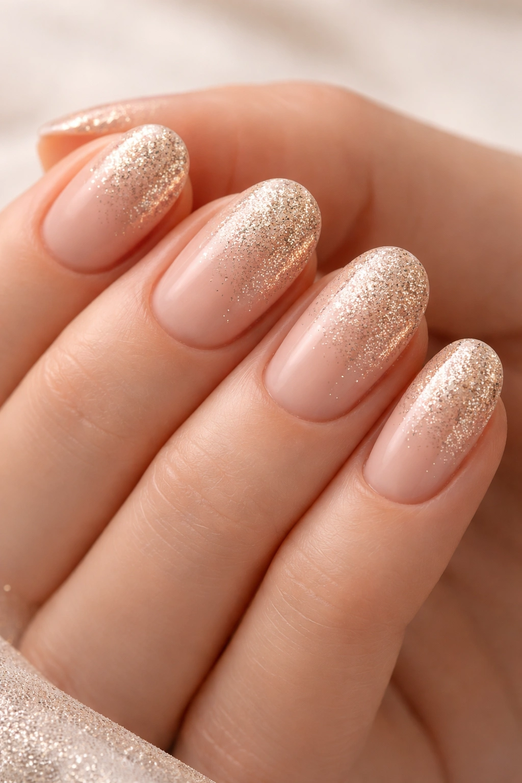 Close-up of short oval nails with champagne glitter fade on nude base