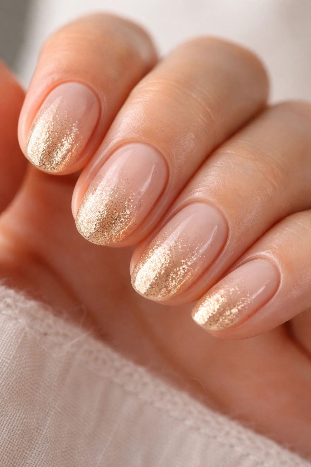Close-up of short oval nails with champagne nude to fine gold glitter ombre and glossy finish