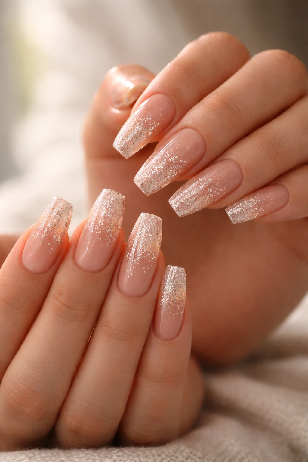 Champagne glitter fade nails on nude base in ballerina shape