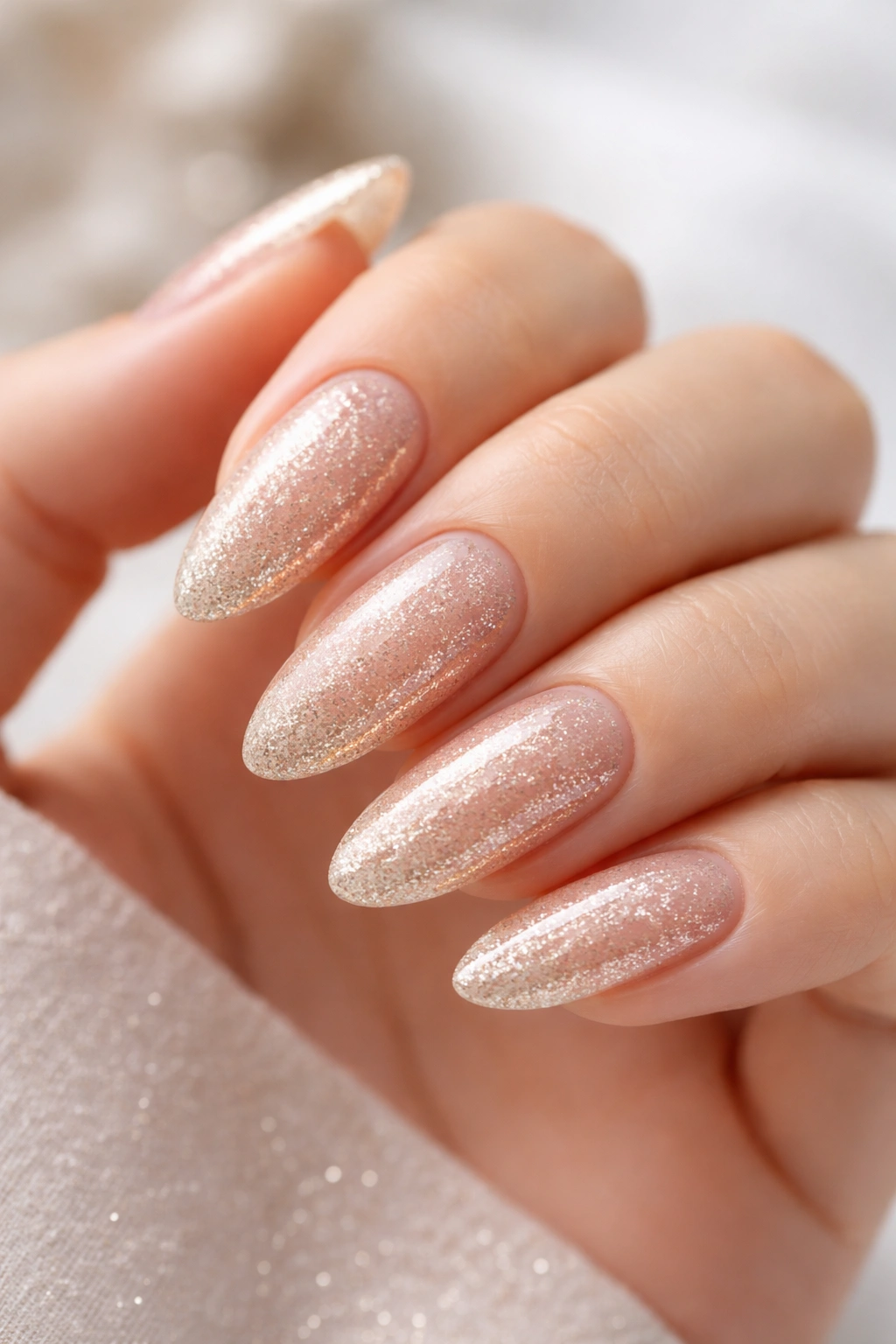 Close-up of long oval nails with champagne glitter fade on neutral background