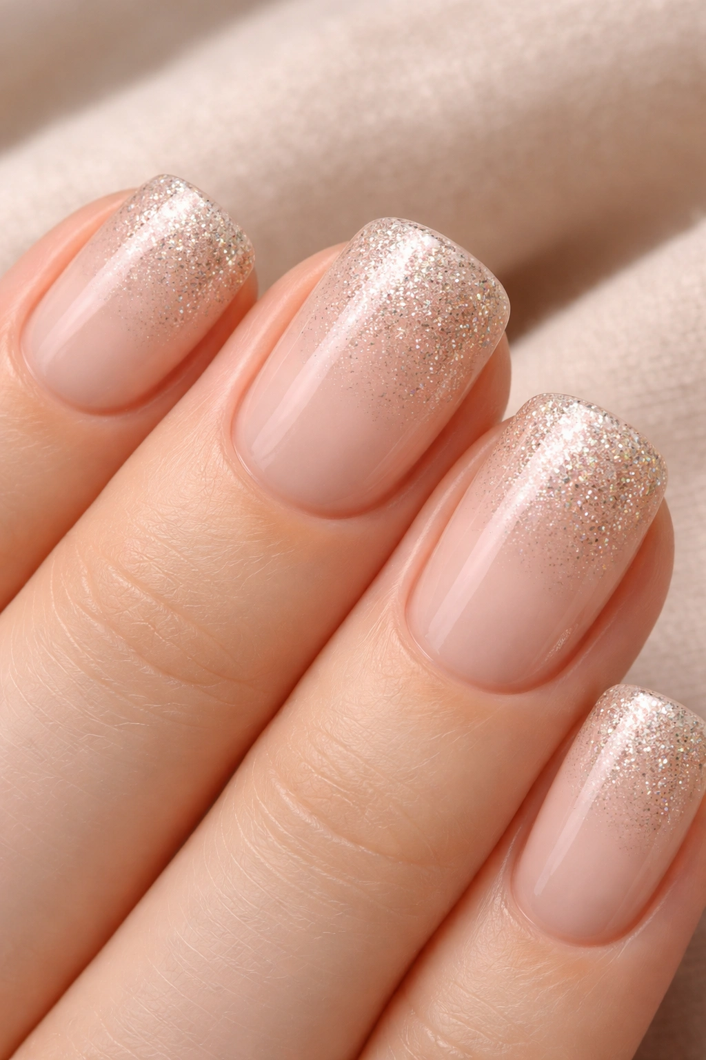 Close-up of champagne-colored short squoval nails with glitter gradient