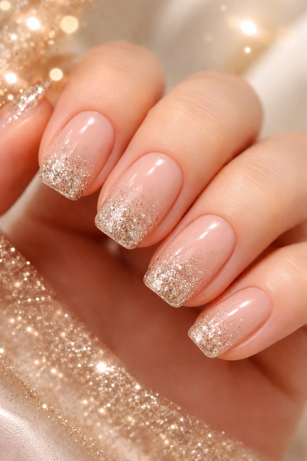 Close-up of champagne-nude glitter nails on short squoval nails