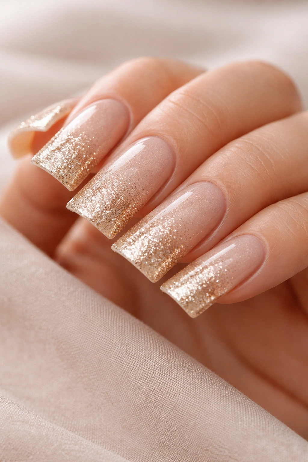 Duck nails with champagne base and champagne glitter ombre