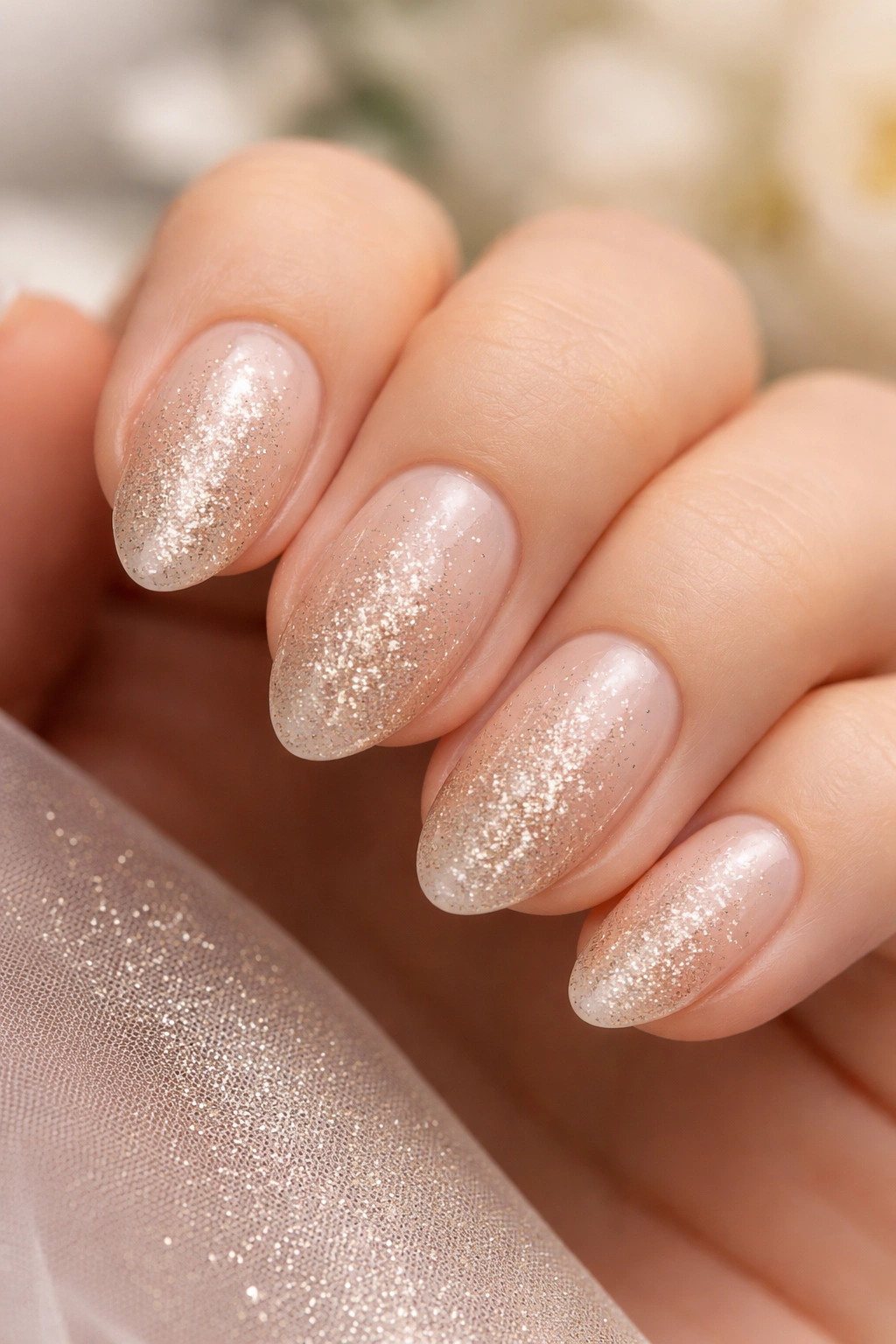 Close-up of short almond nails with champagne glitter dust on nude base