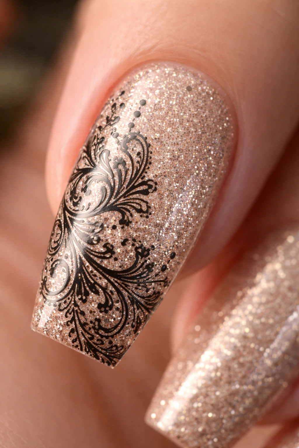 Close-up of coffin nail with champagne glitter and black stamped pattern