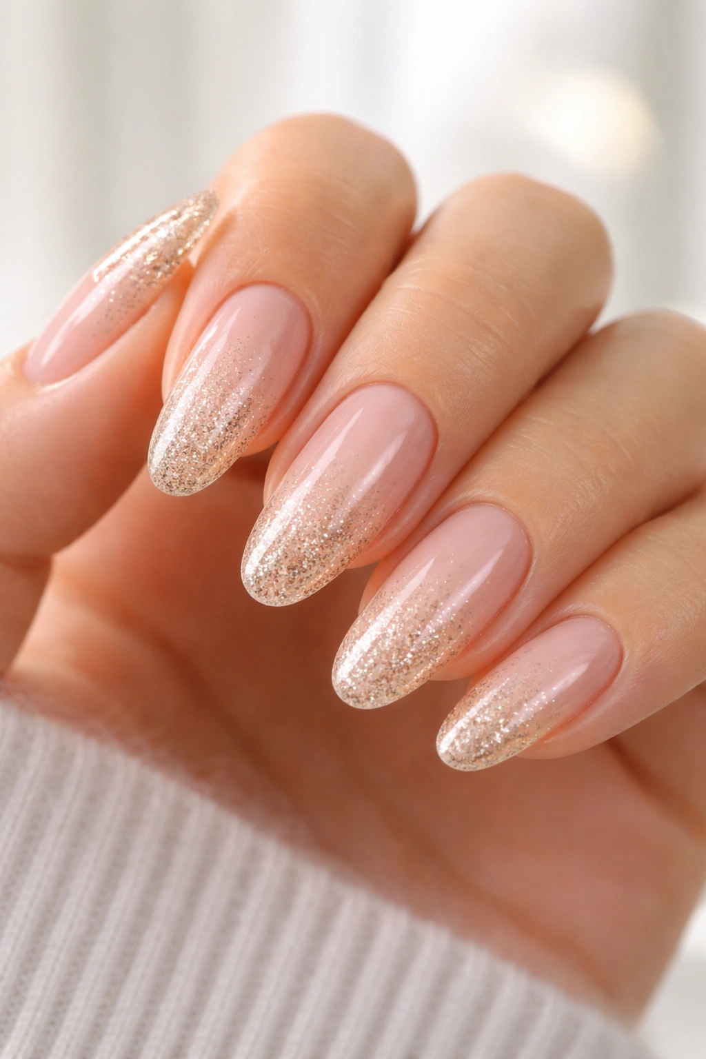 Close-up of long oval nails with champagne glitter at the tips
