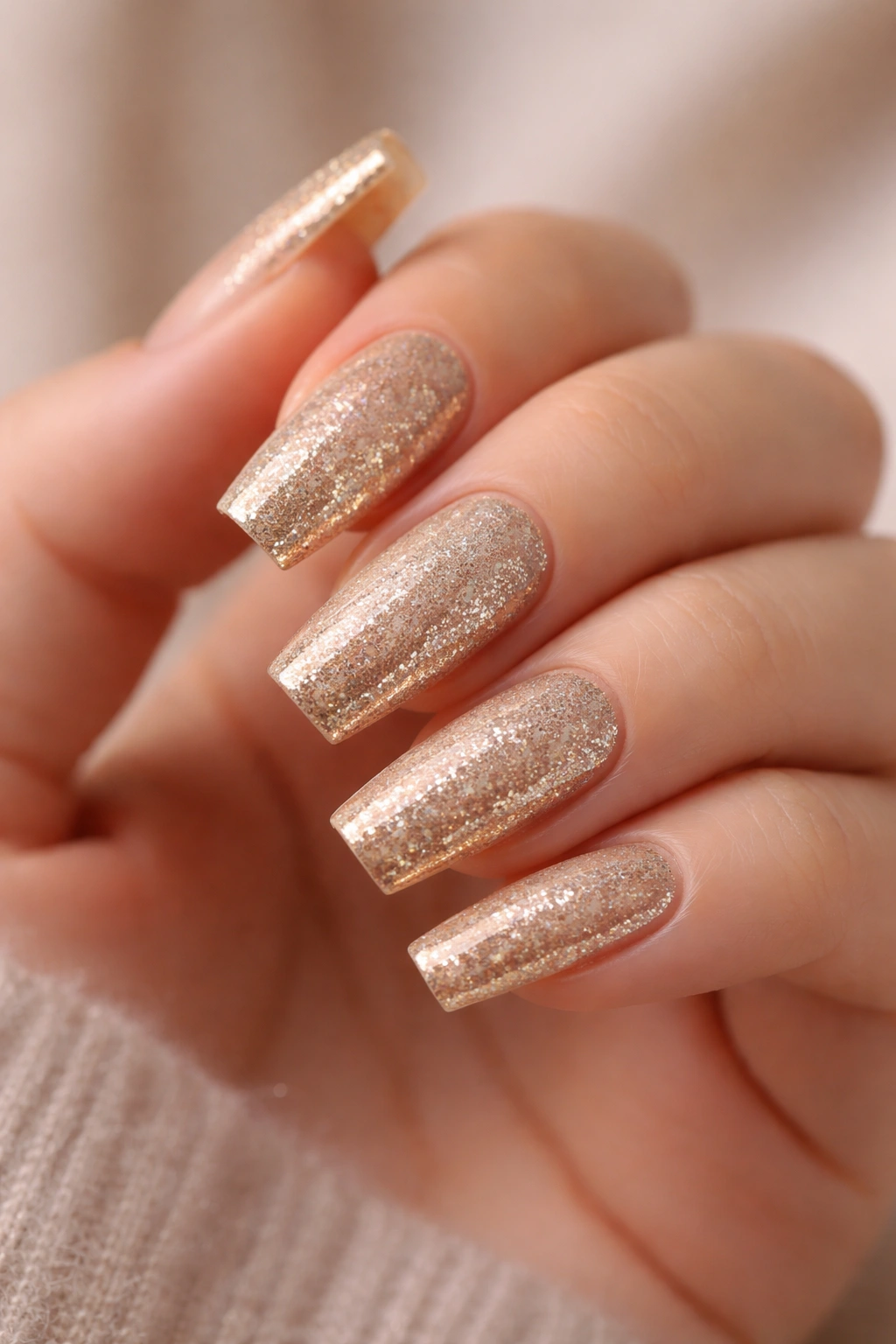 Close-up of coffin nails with champagne gold base and scattered glitter