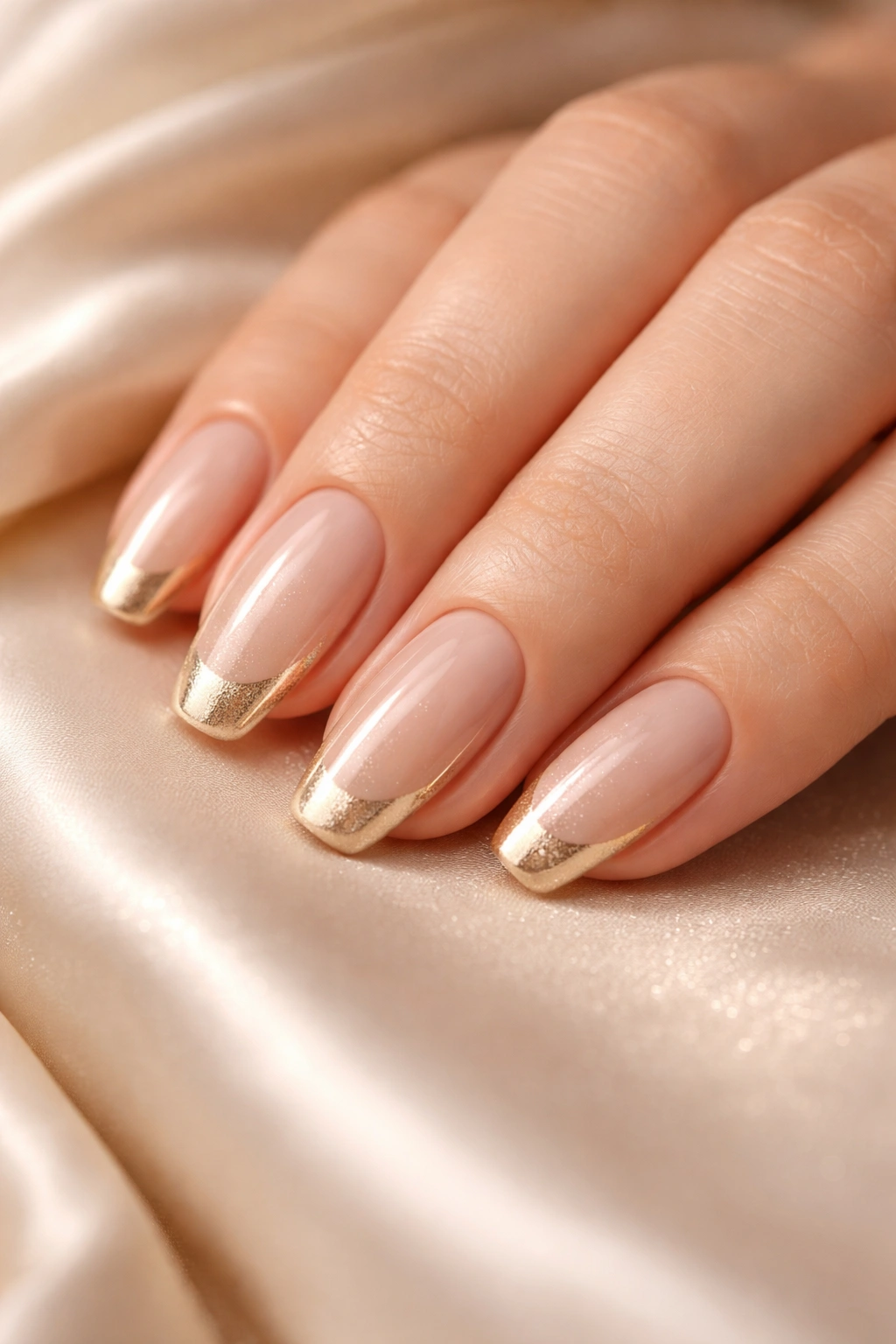 Nails with champagne gold tips on nude base
