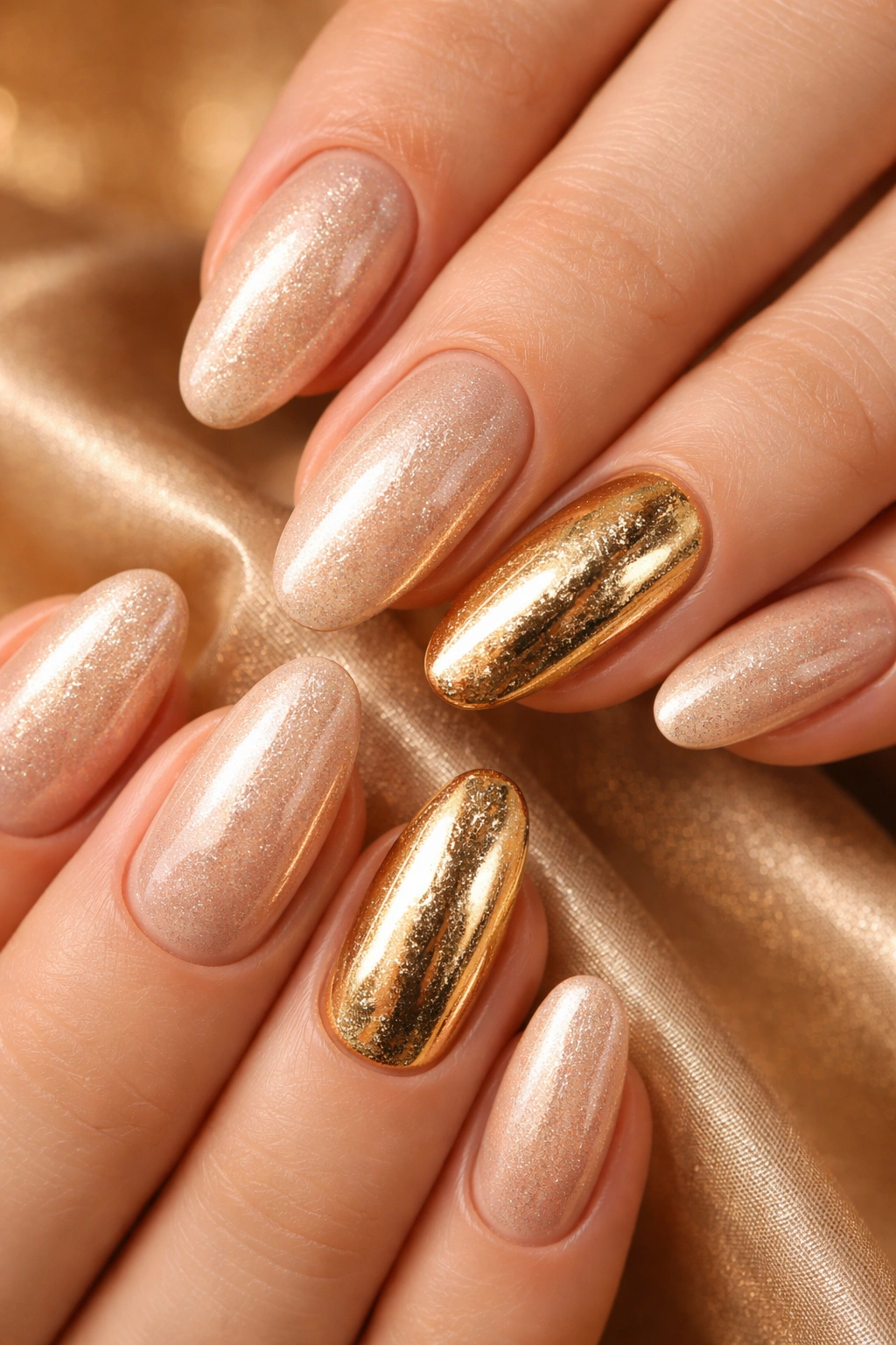 Champagne and gold nails with soft shimmer against a warm backdrop