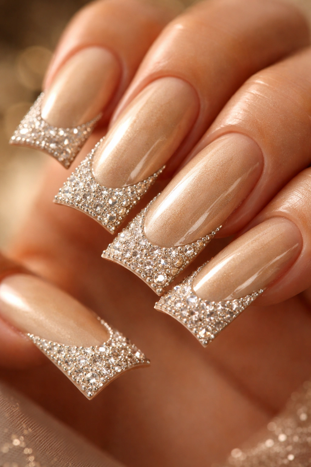 Close-up of champagne gold duck nail with diamond-tipped French edge