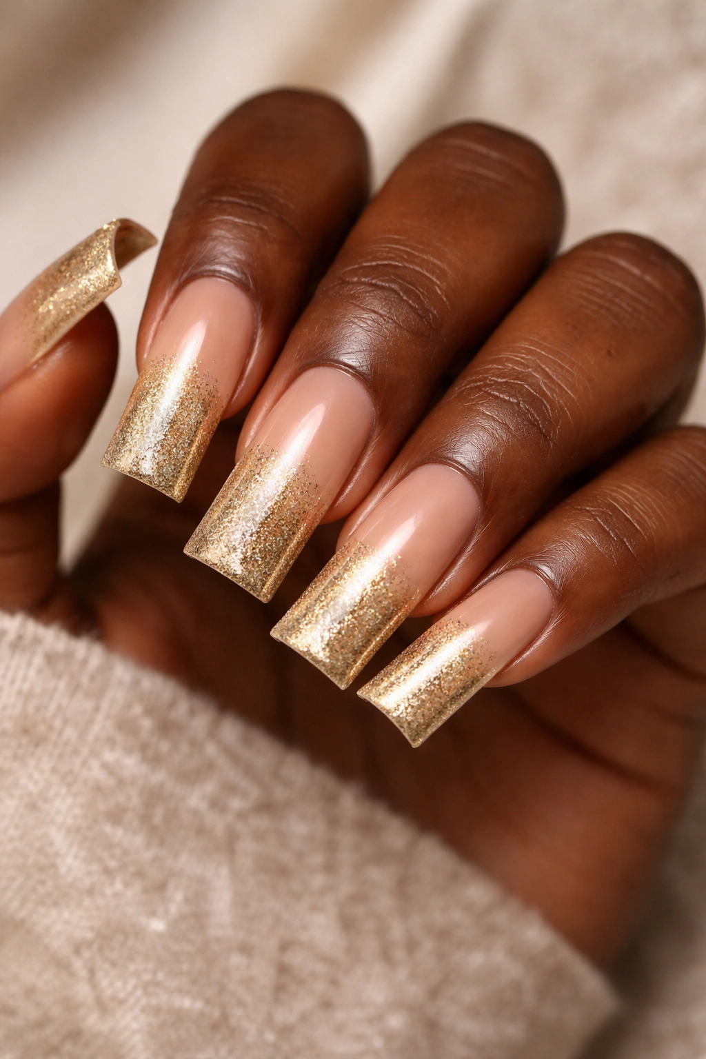 Close-up of dark-skinned hand with champagne gold to nude ombre nails