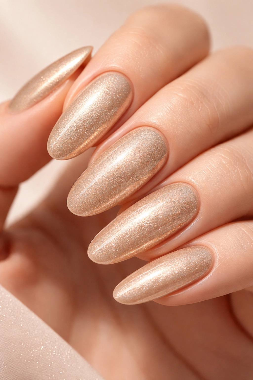 Champagne gold nails with even subtle shimmer on long oval nails