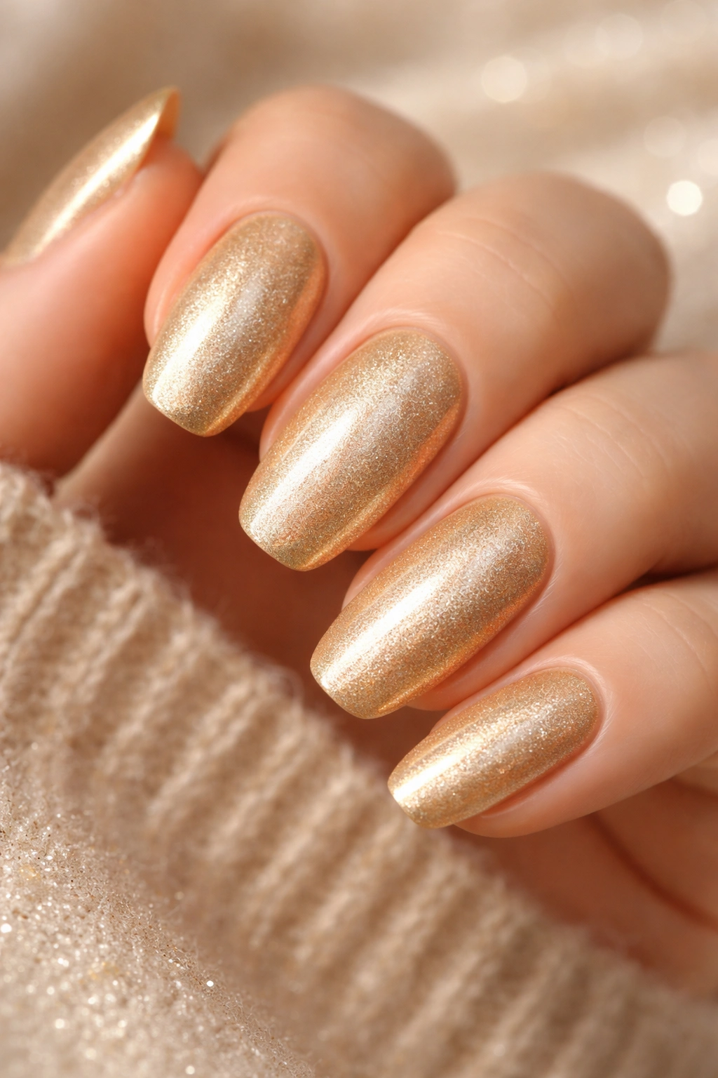 Close-up of champagne gold nails with subtle shimmer and warm glow