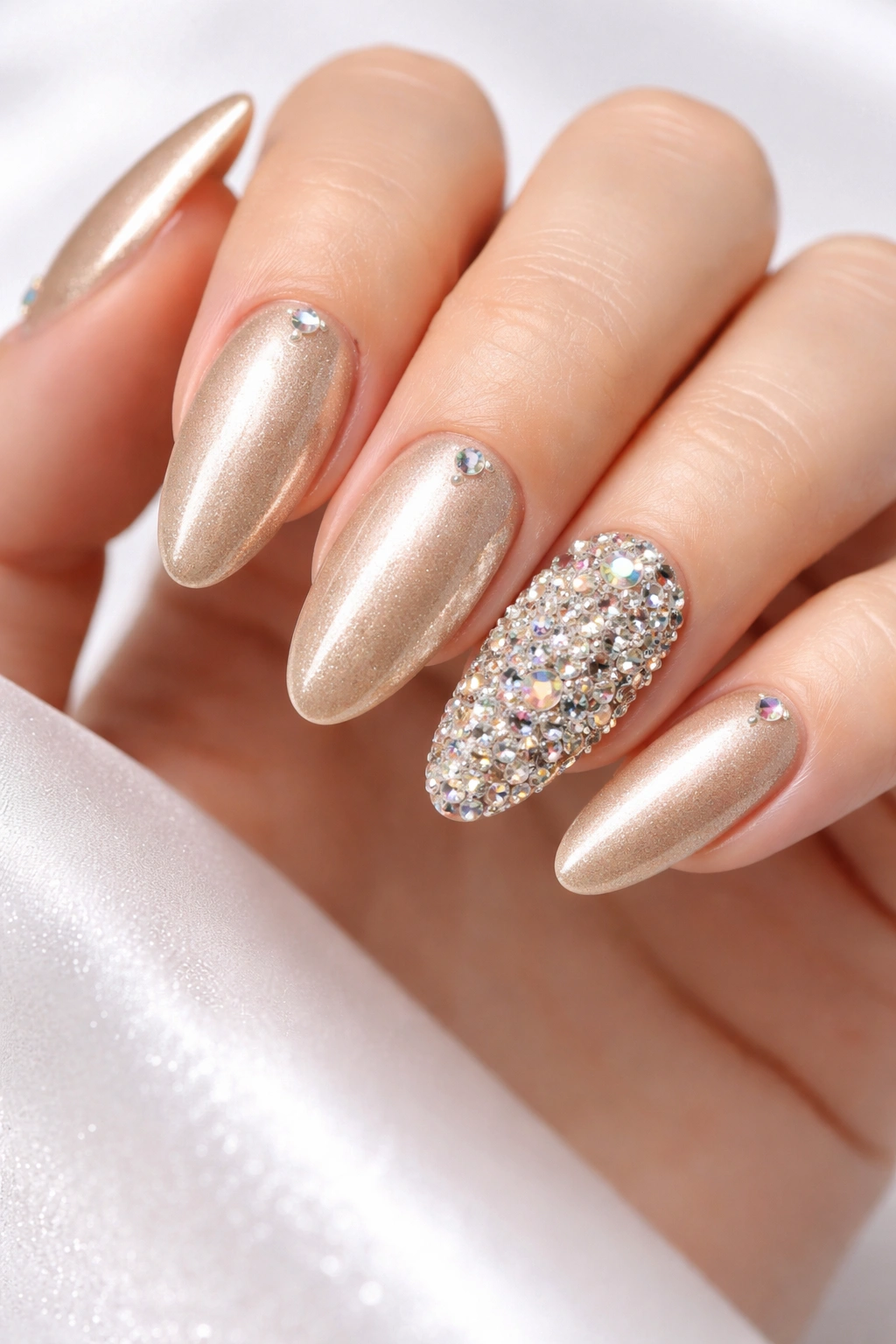 Close-up of champagne gold nails with a dense rhinestone focal nail