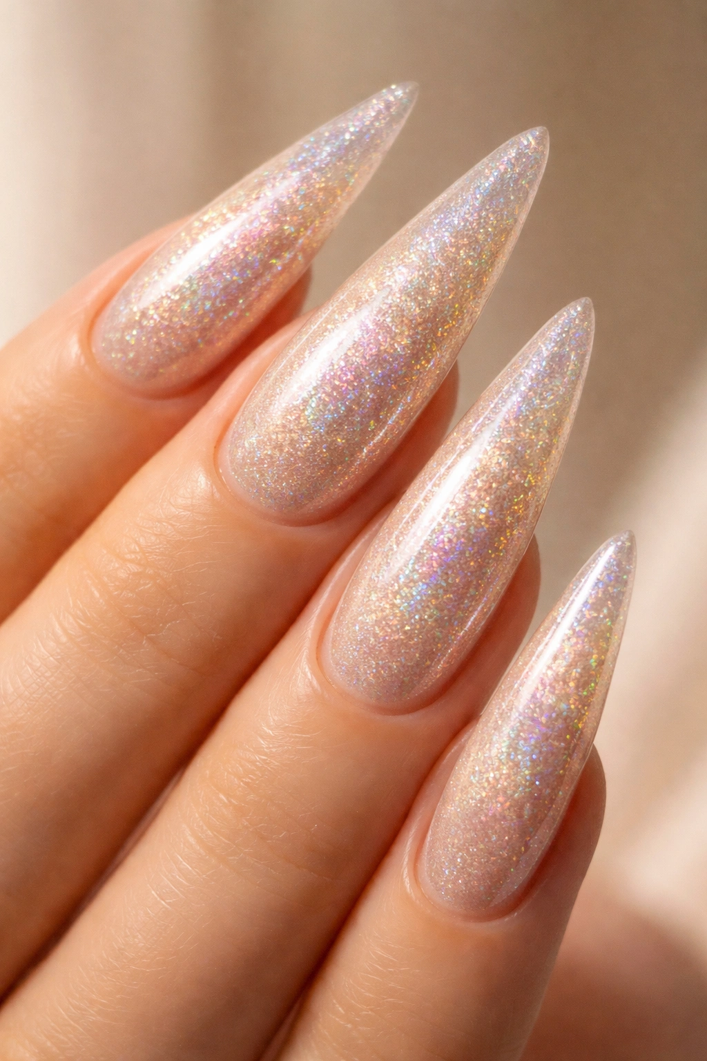 Stiletto nails with champagne base and holographic shimmer under studio light