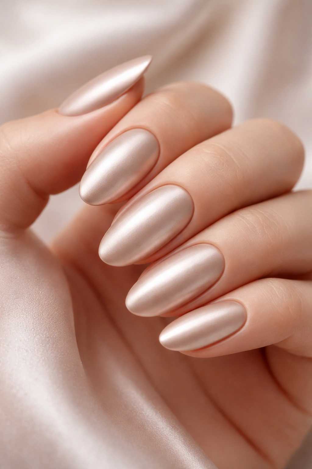Close-up of champagne matte chrome nails with satin finish