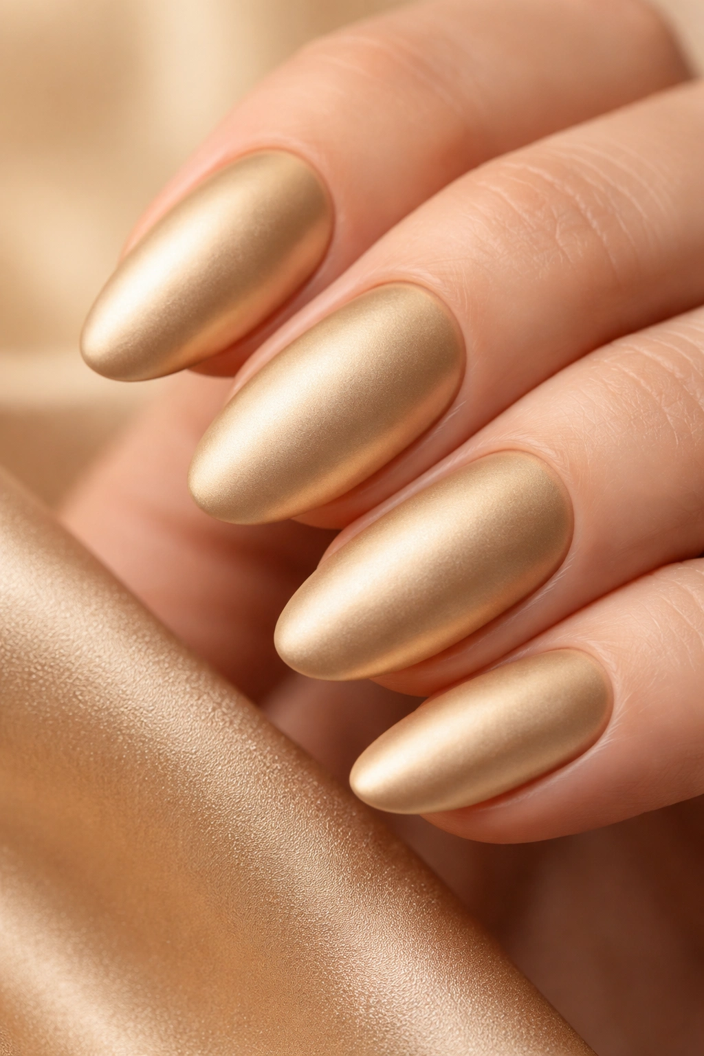 Nails painted champagne matte gold in soft warm tone
