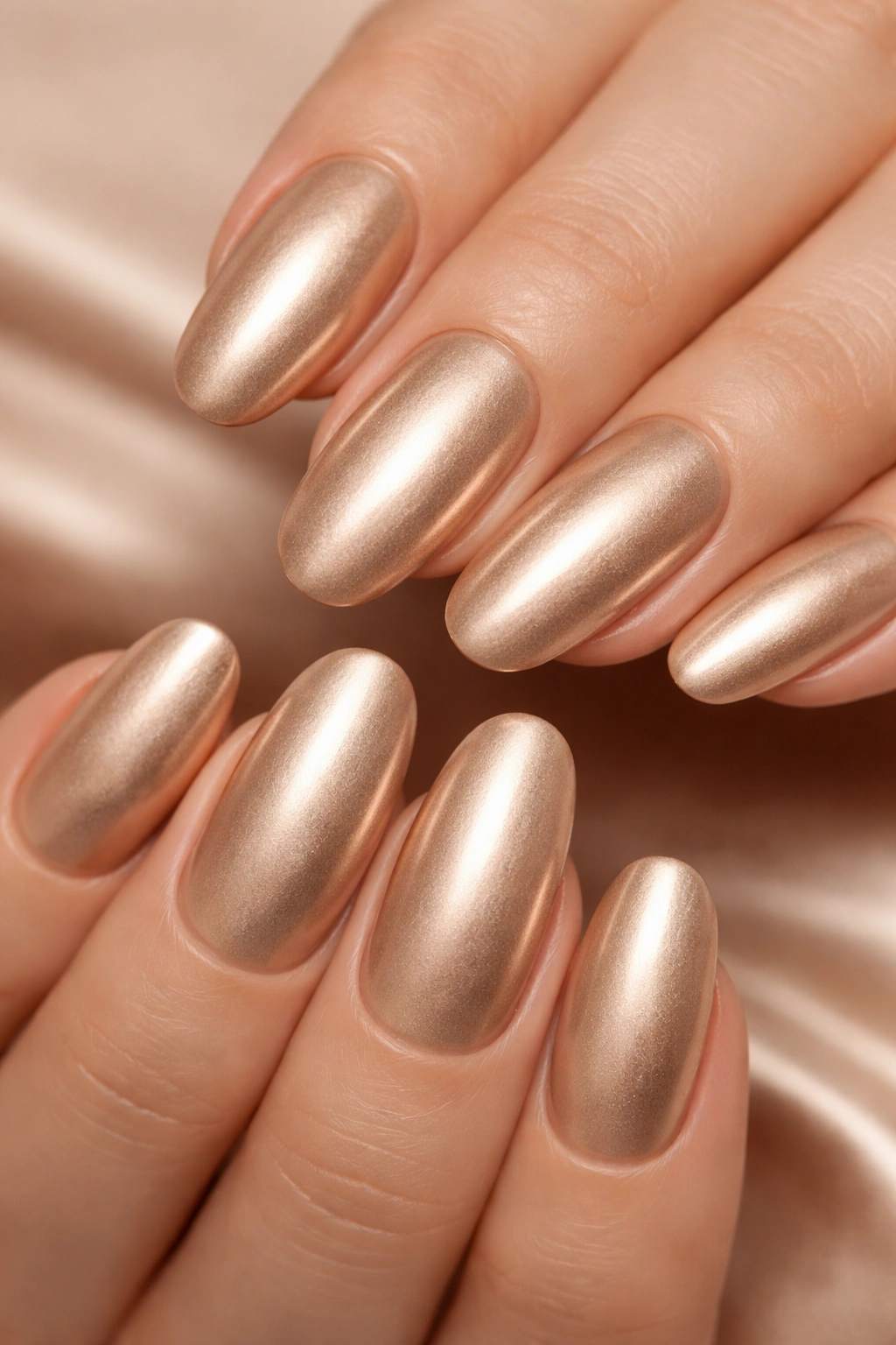 Close-up of long round acrylic nails with champagne metallic finish