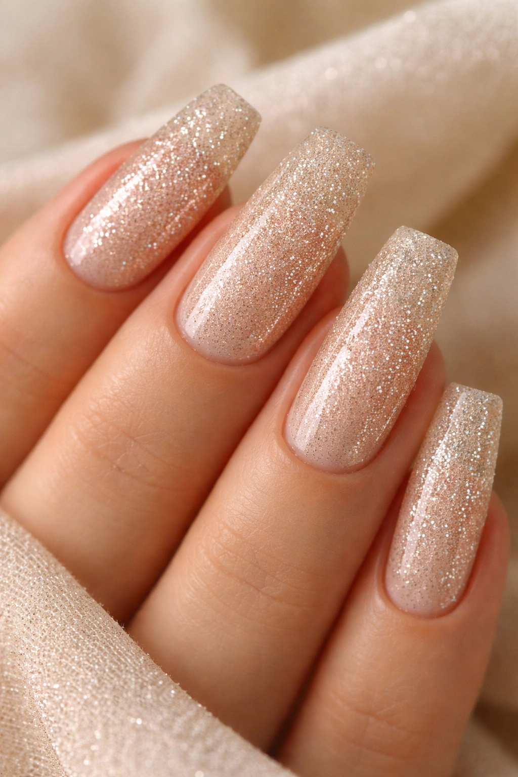 Close-up of coffin nails with champagne base and microbeads for textured wedding manicure