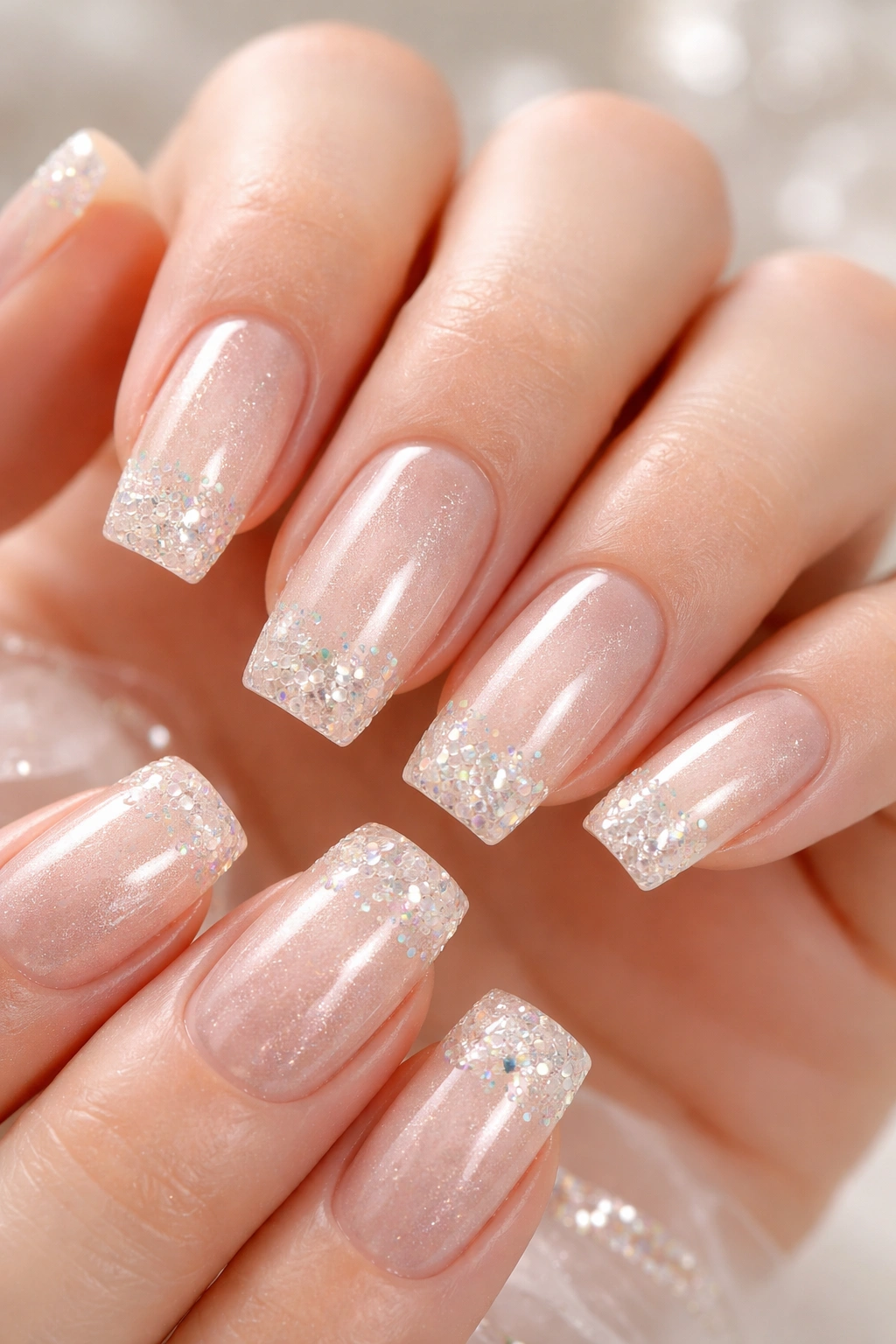 Champagne shimmer nails with crystal ombre tips catching light