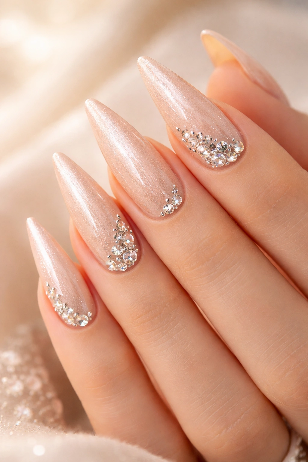 Close-up champagne nails with diamond embellishments on stiletto tips