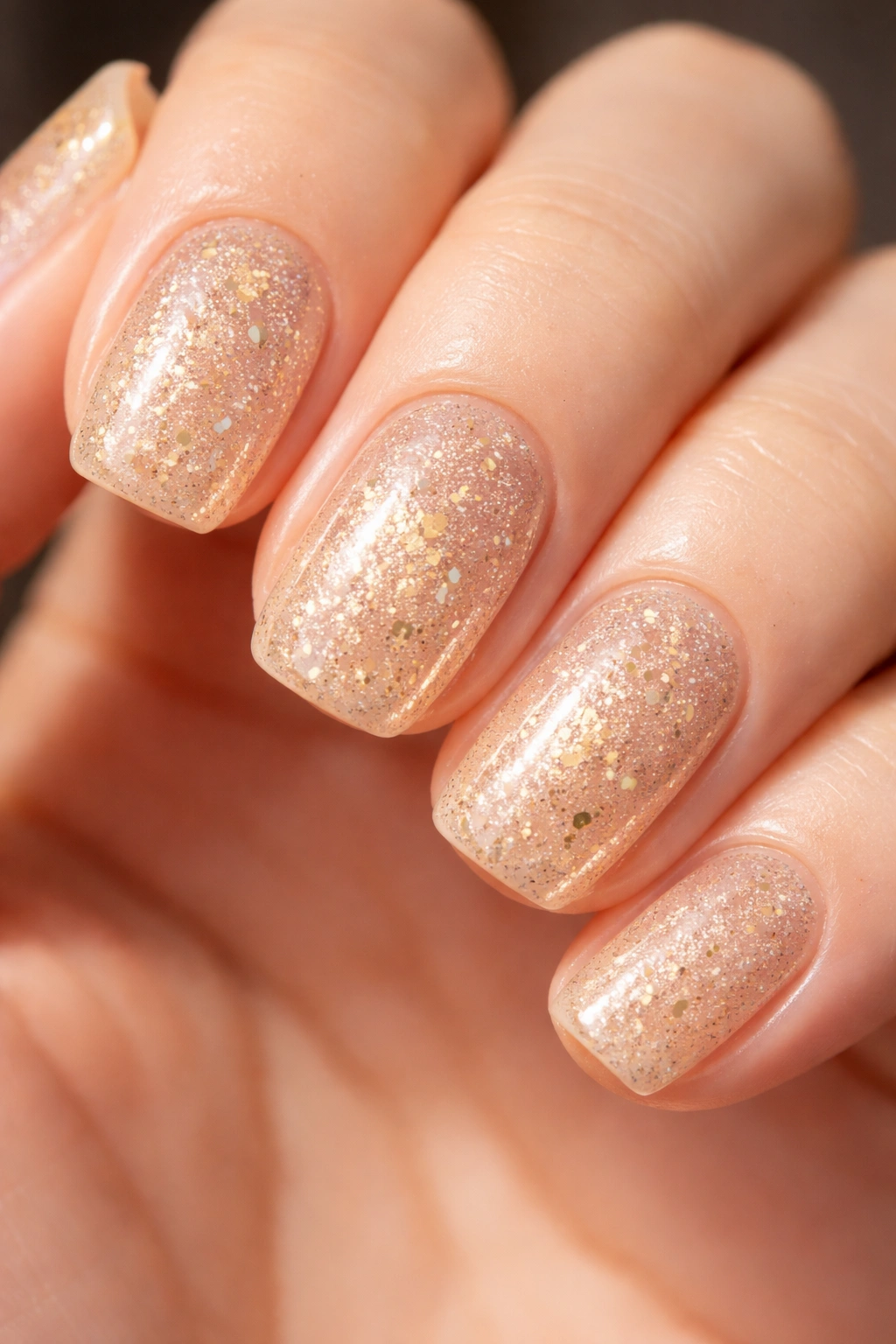 Close-up of champagne squoval nails with gold fleck sparkle