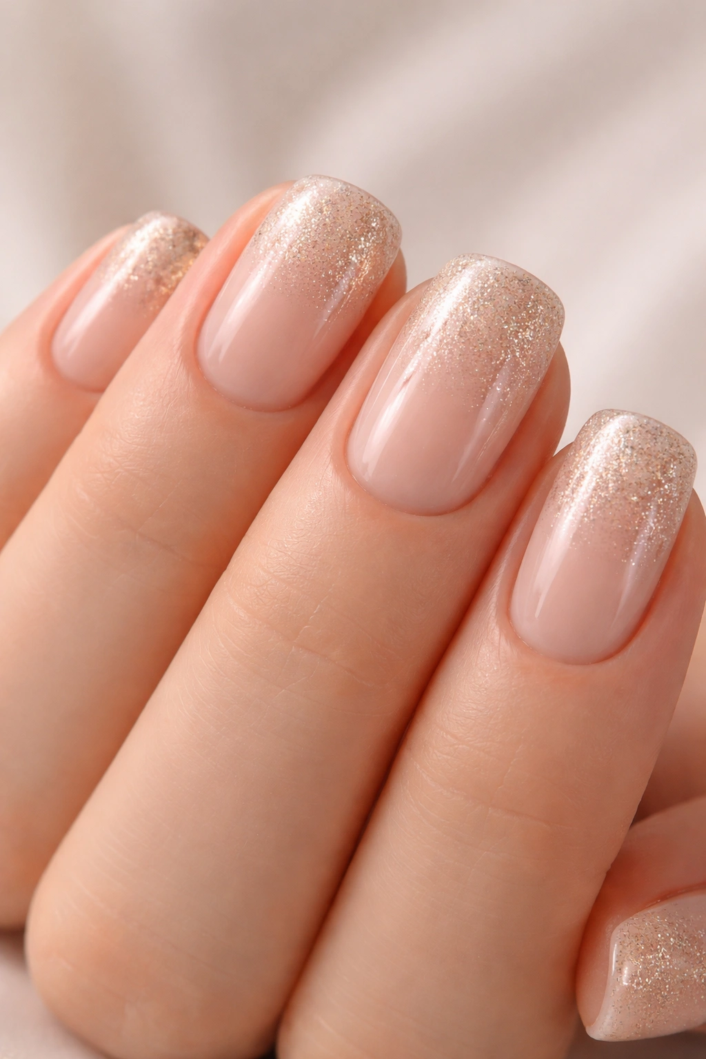 Close-up of champagne squoval nails with subtle glitter gradient at tips