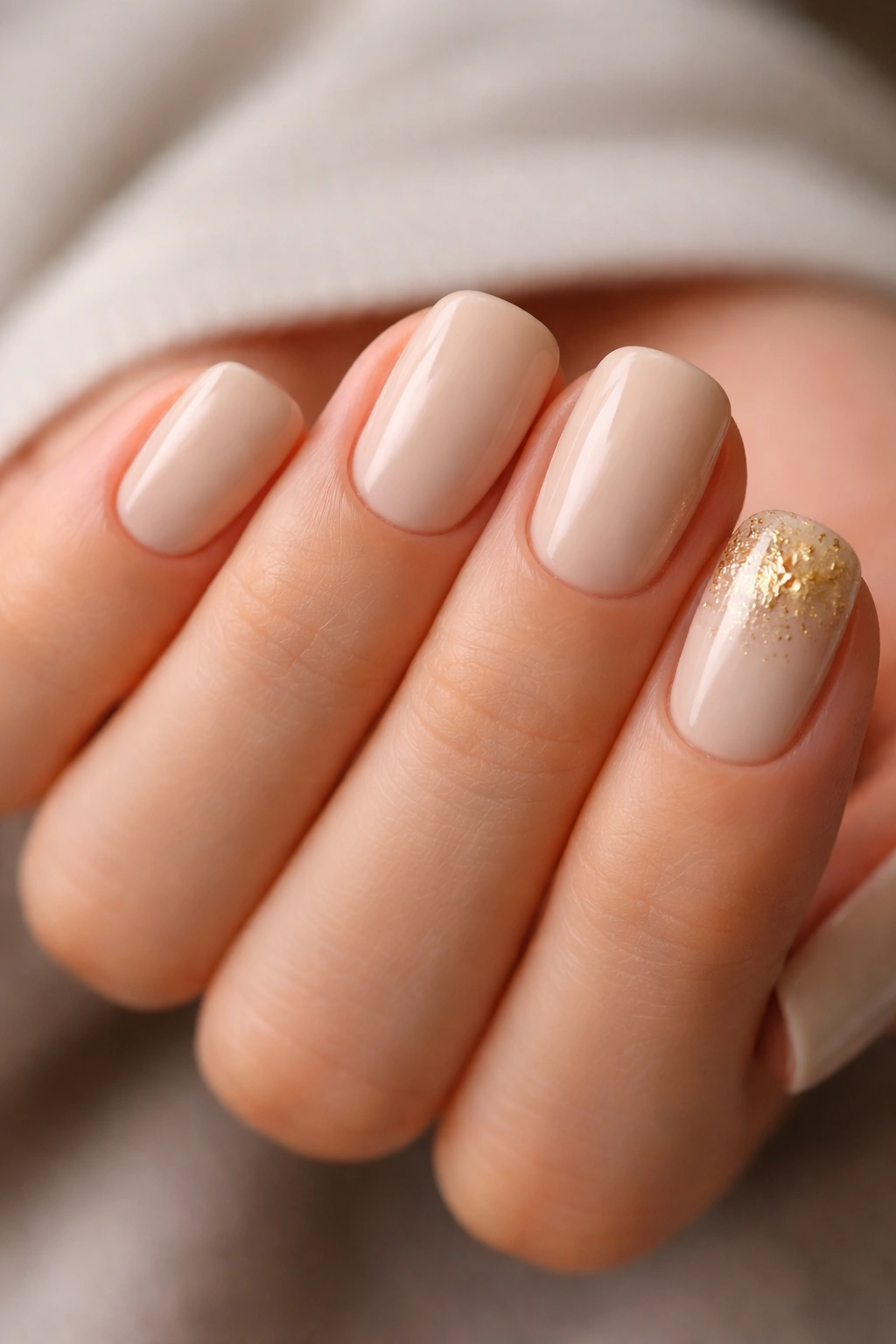 Close-up of champagne-toned short squoval nails with a gold leaf accent on the ring finger