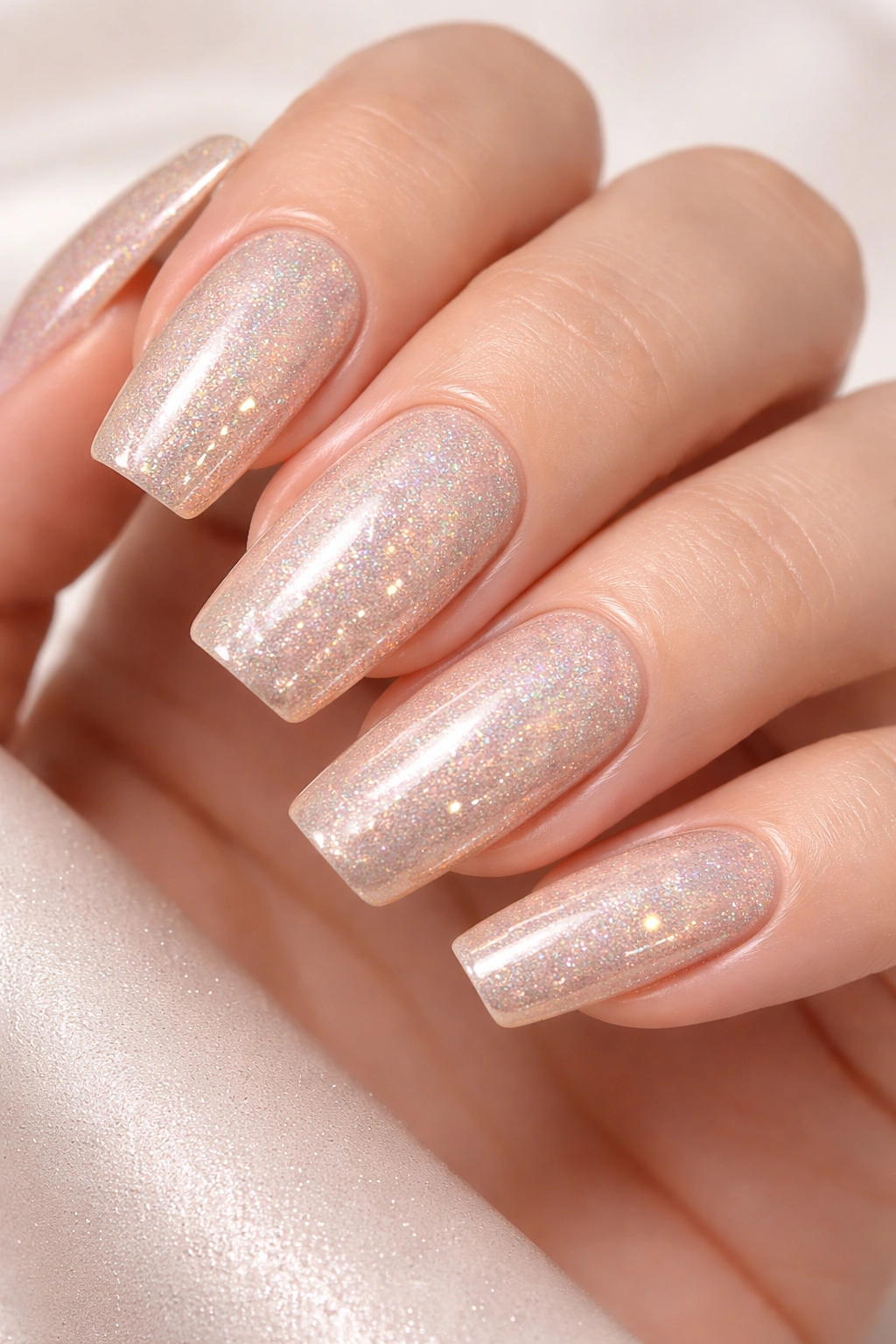 Nails in champagne color with holographic sparkle across the surface