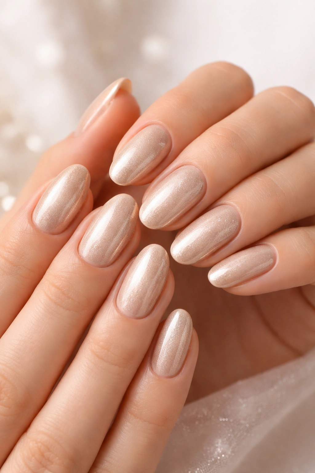 Close-up of champagne nails with subtle shimmer