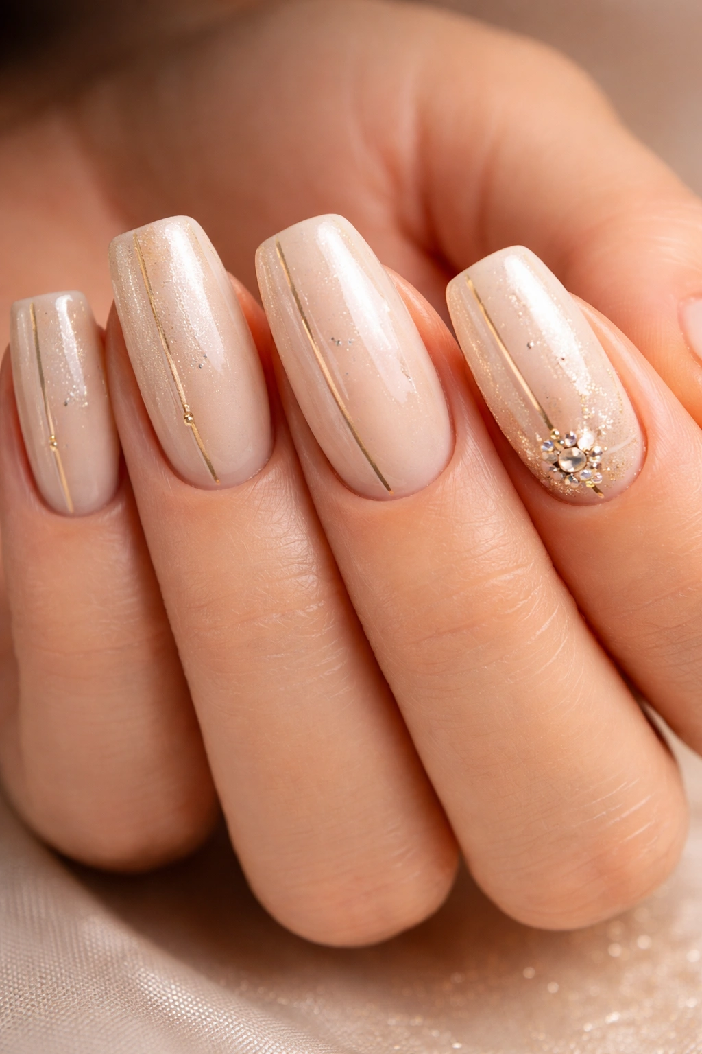 Close-up of champagne-toned nails with metallic lines and rhinestones