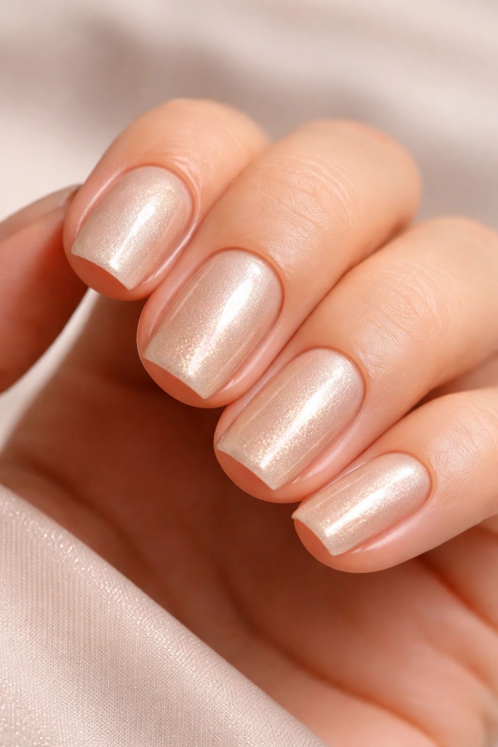 Nails featuring champagne pearl finish and glossy top coat
