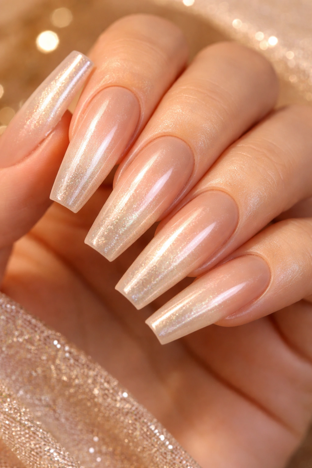 Close-up of champagne and nude ombré coffin nails with pearl finish