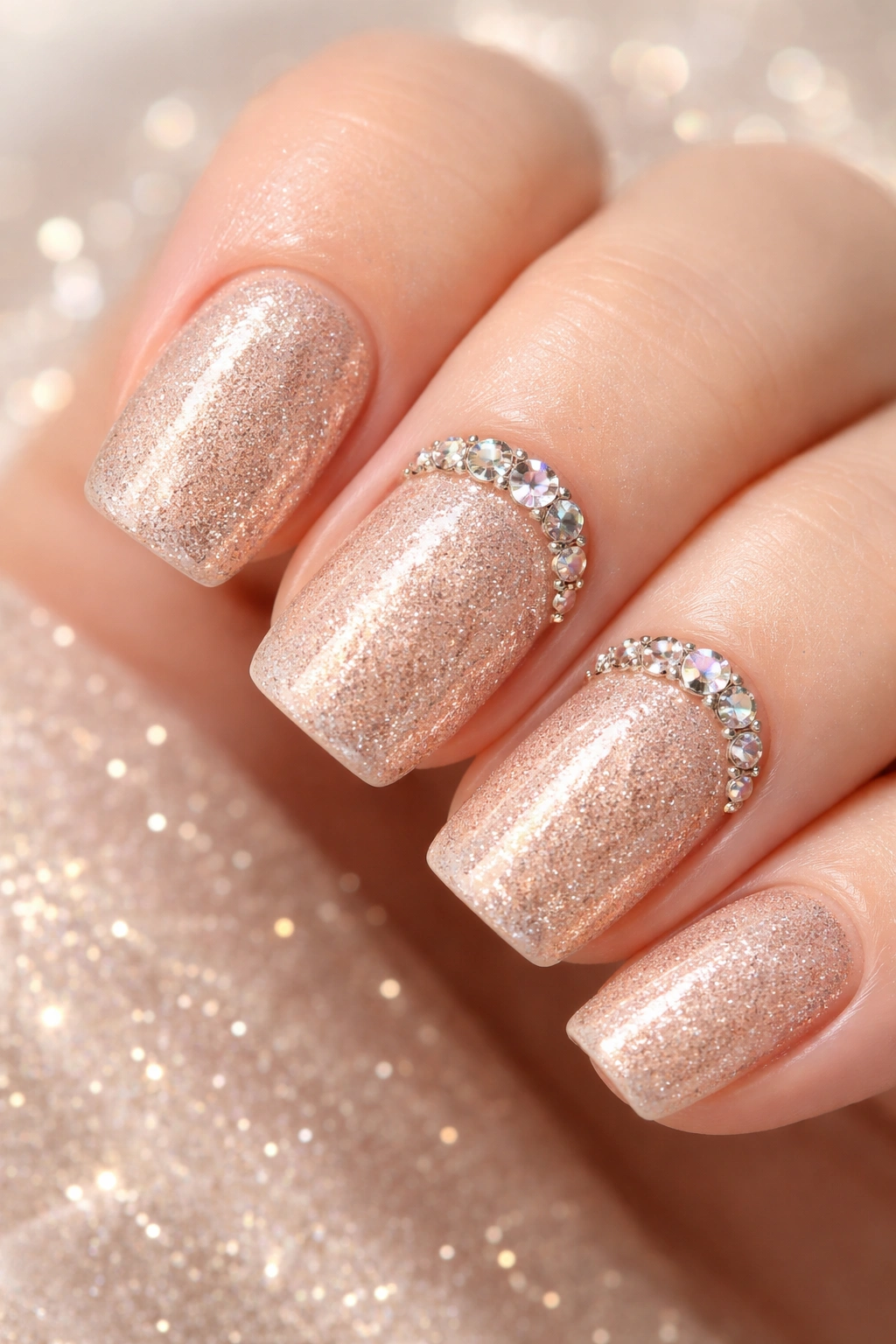 Close-up of champagne glitter nails with diamond accents