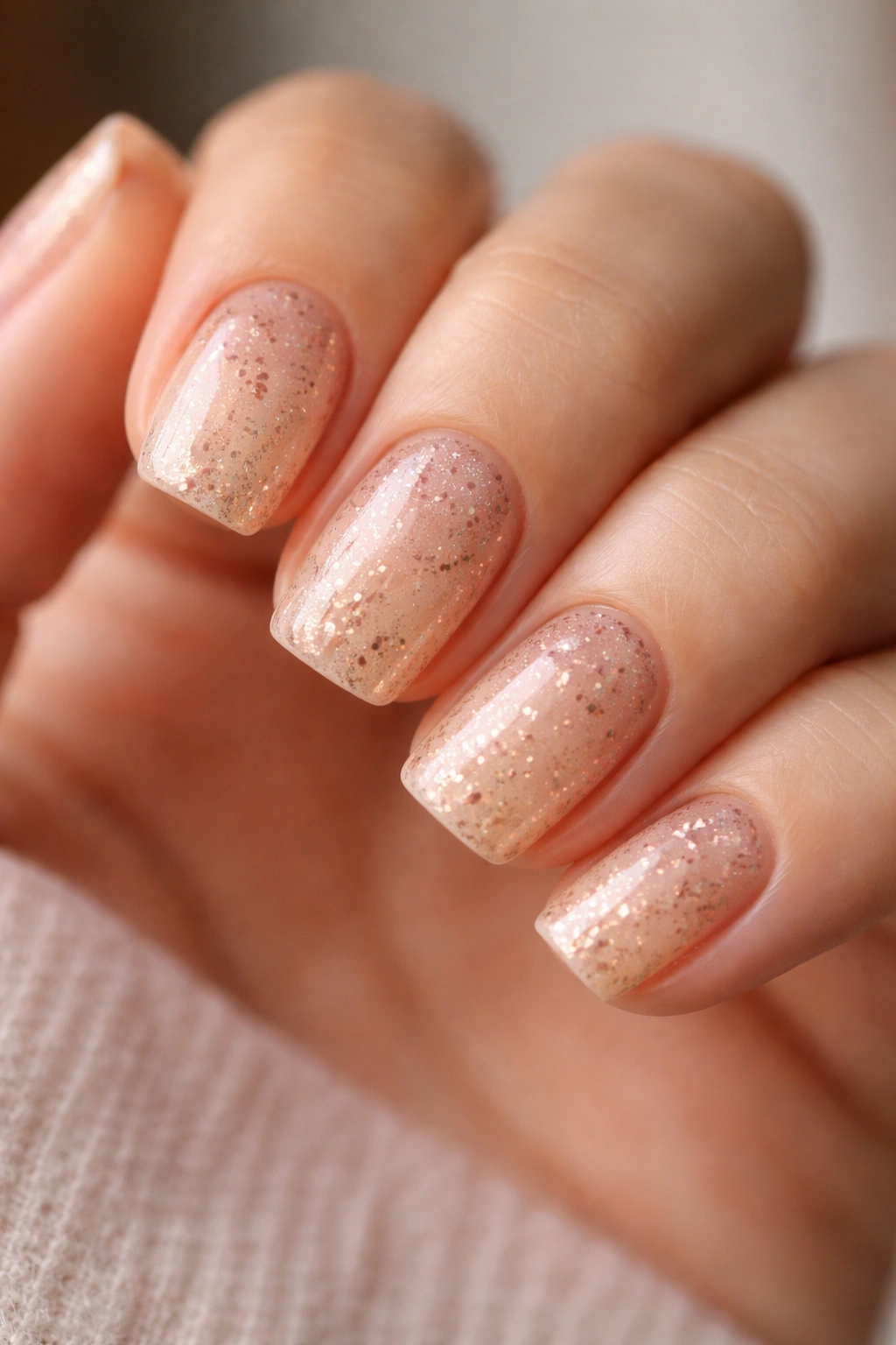 Champagne nails with rose gold speckles on short squoval nails