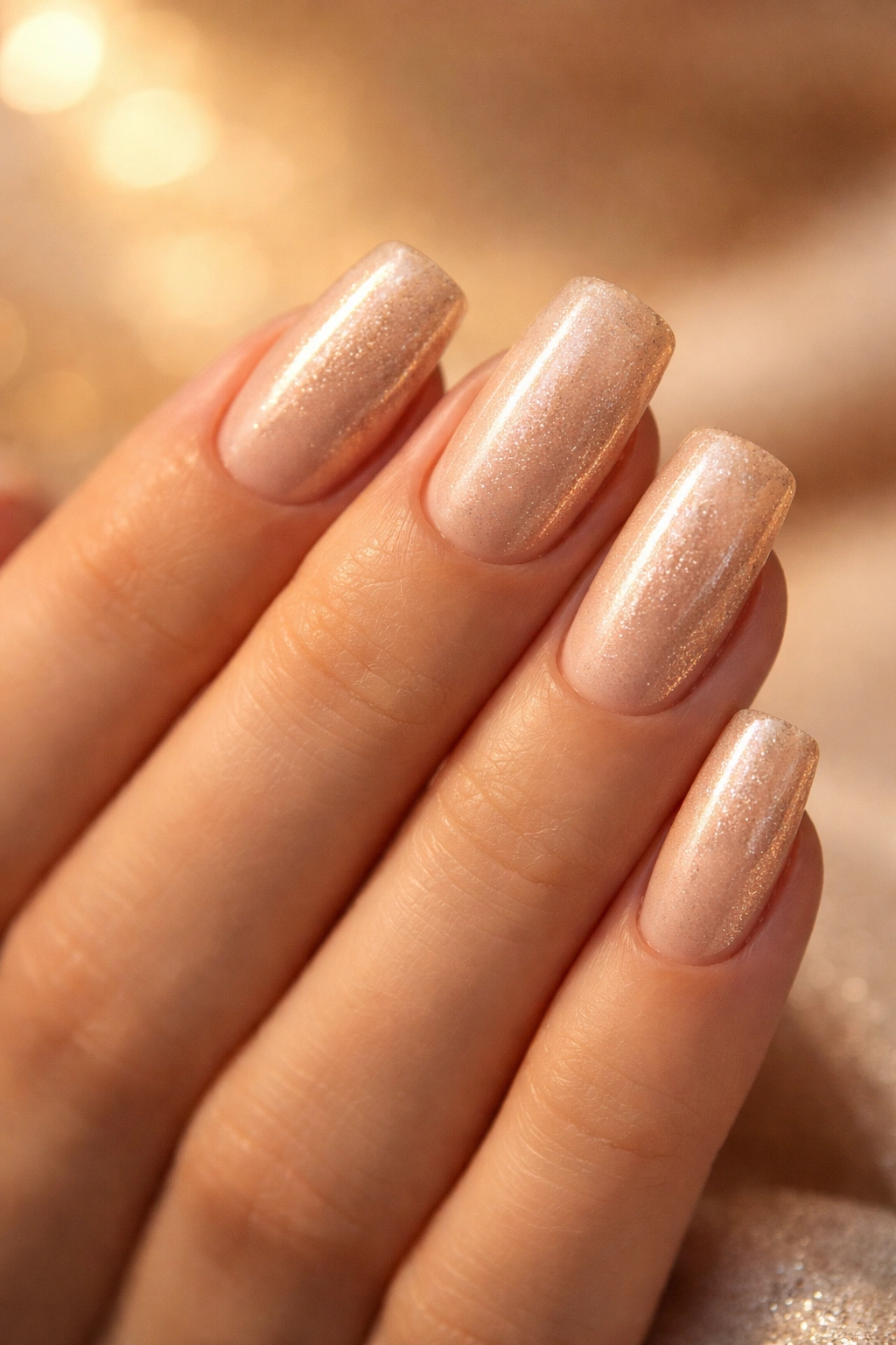 Close-up of a hand with champagne-colored nails featuring a delicate shimmer