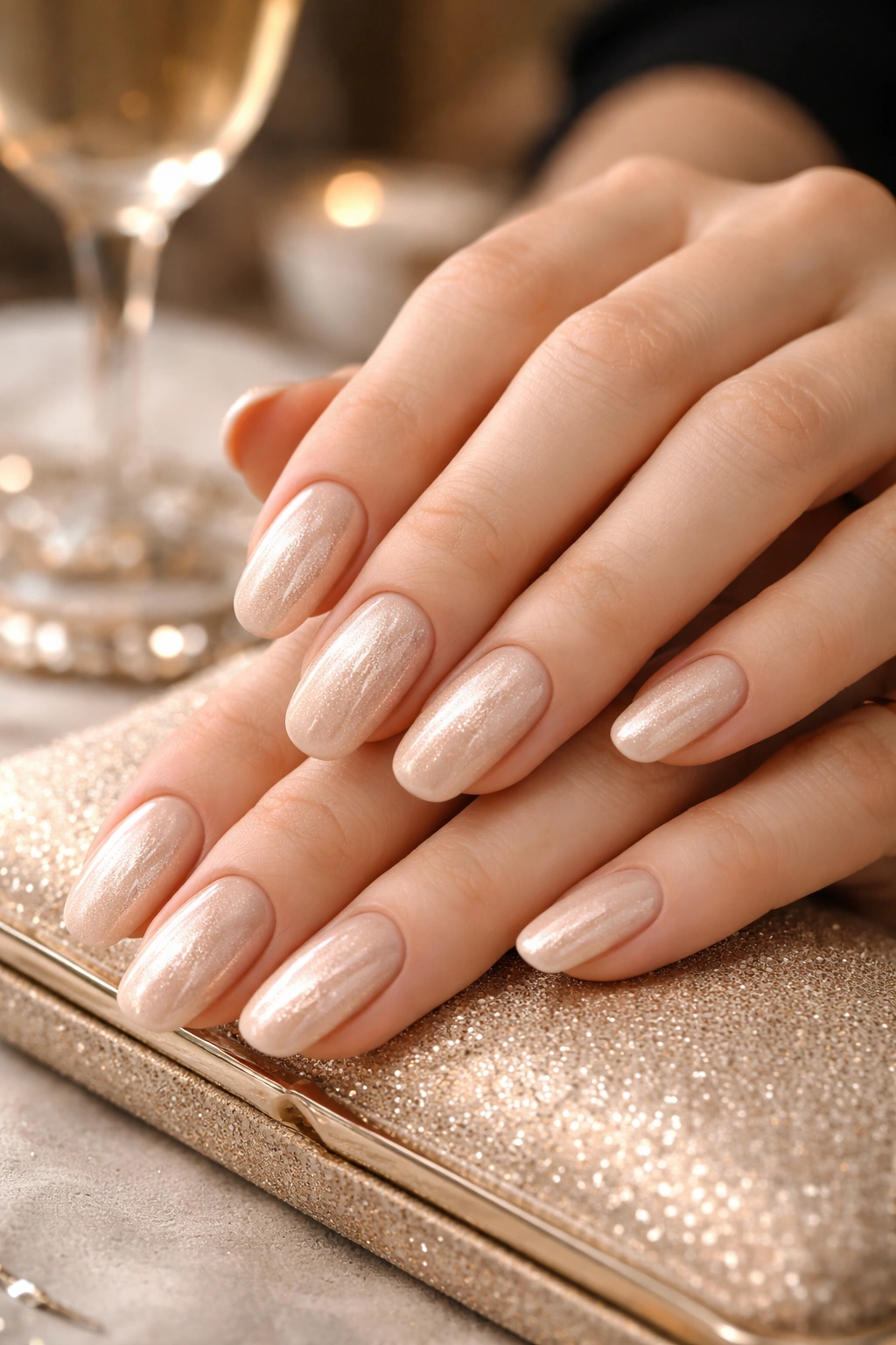 Close-up of champagne-colored nails with subtle shimmer on hands in soft light