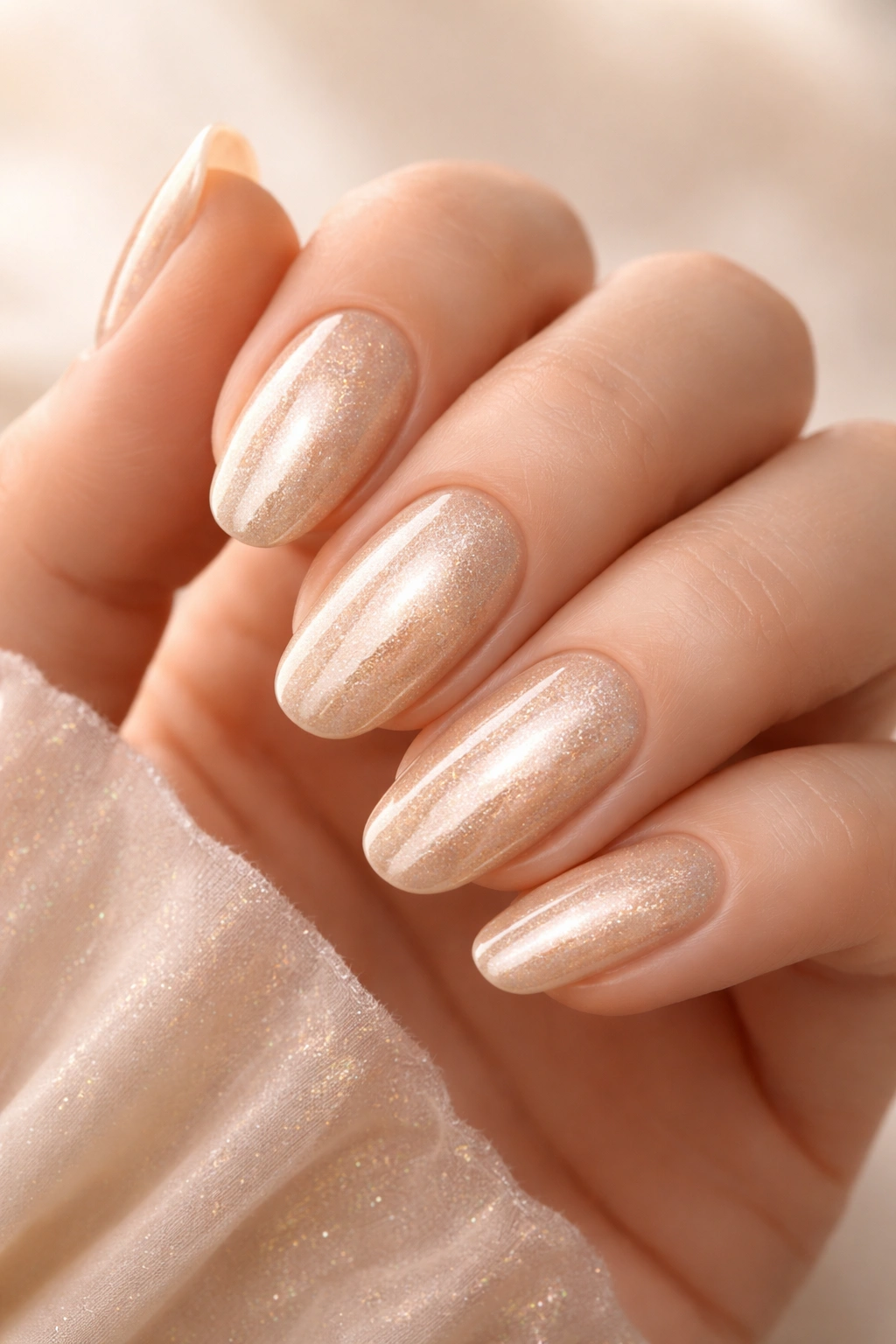 Close-up of hand nails in champagne shimmer polish