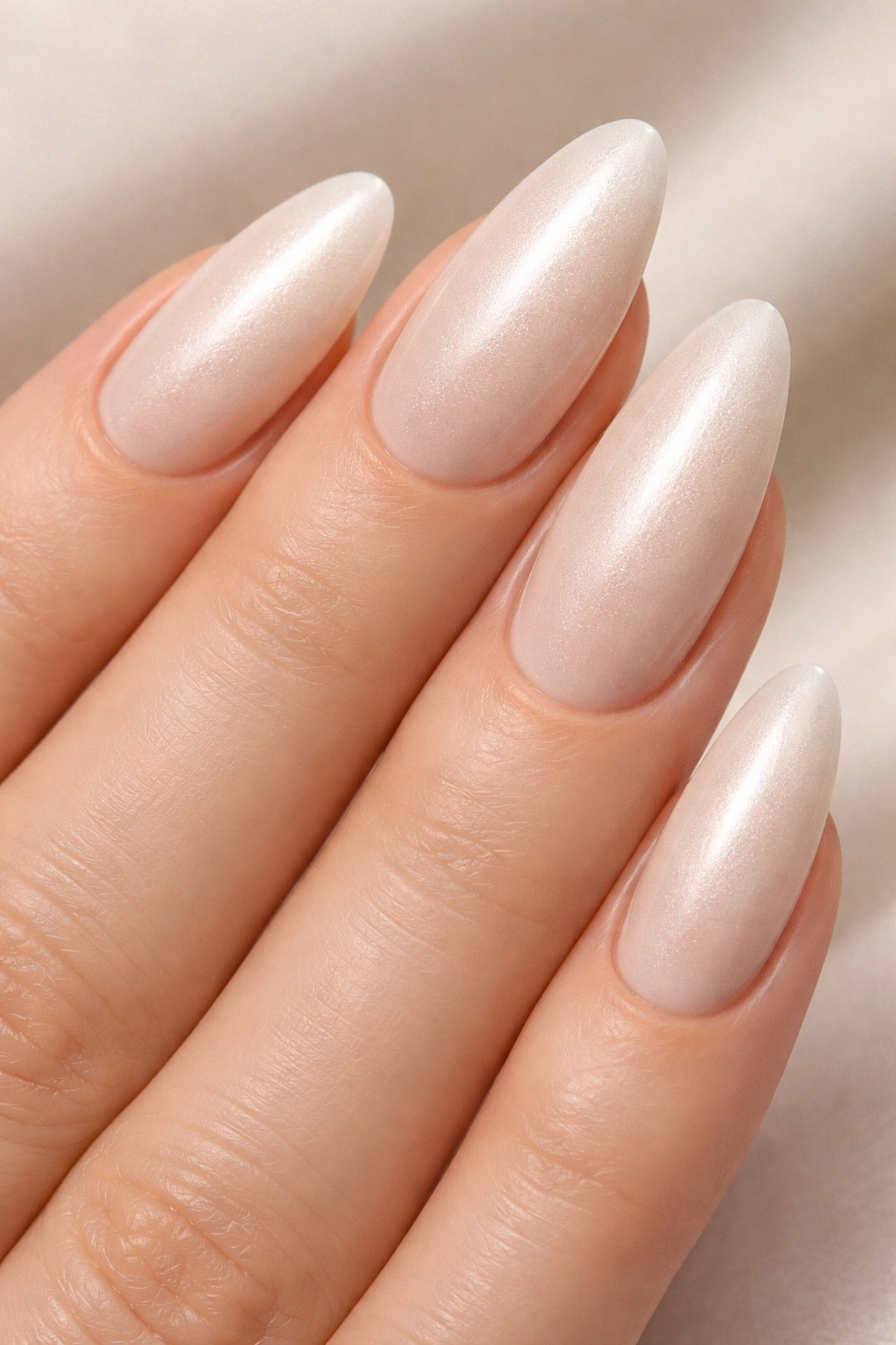 Close-up of almond nails in creamy champagne with subtle shimmer