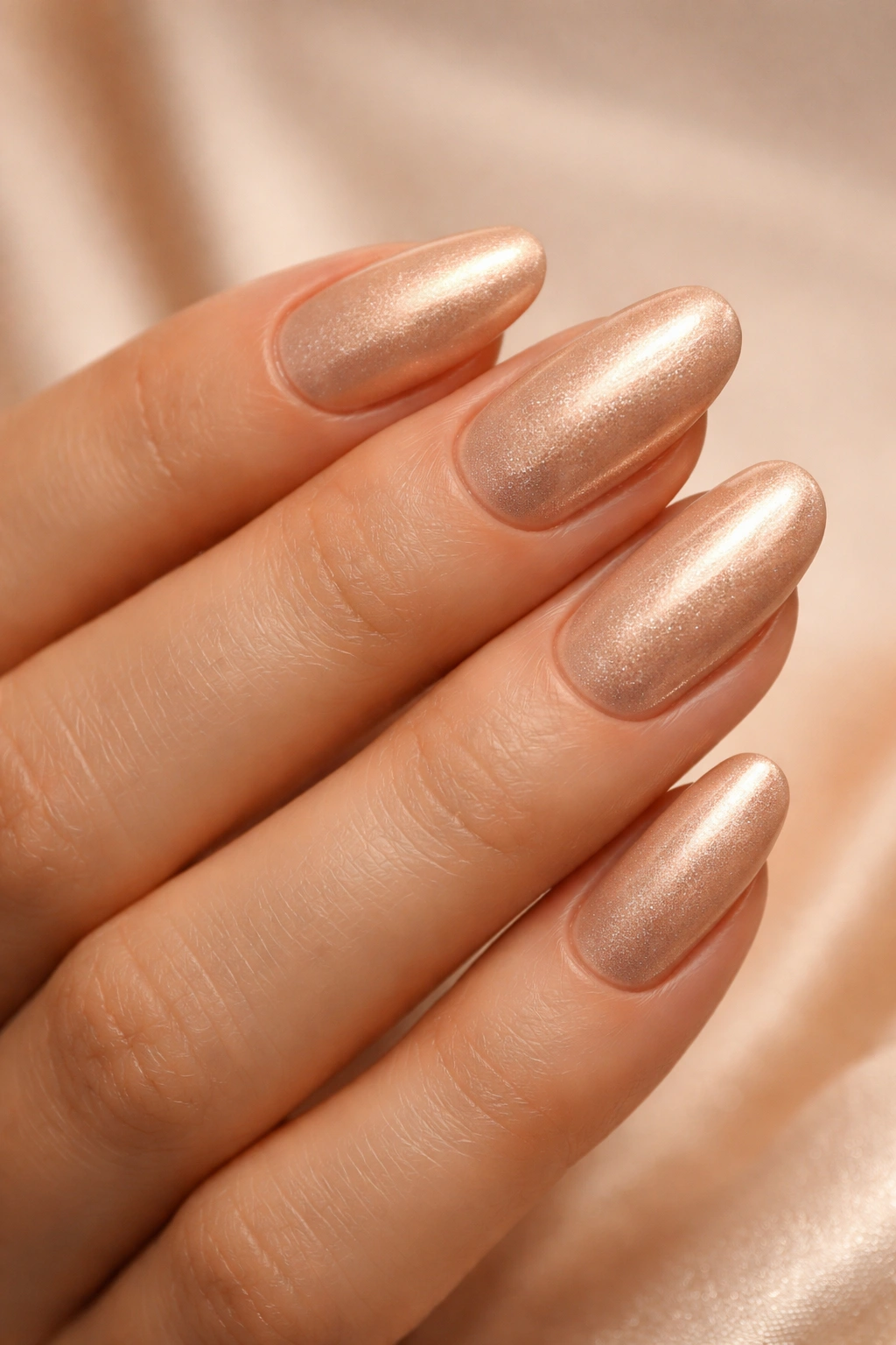 Close-up of hands with champagne nails with subtle shimmer