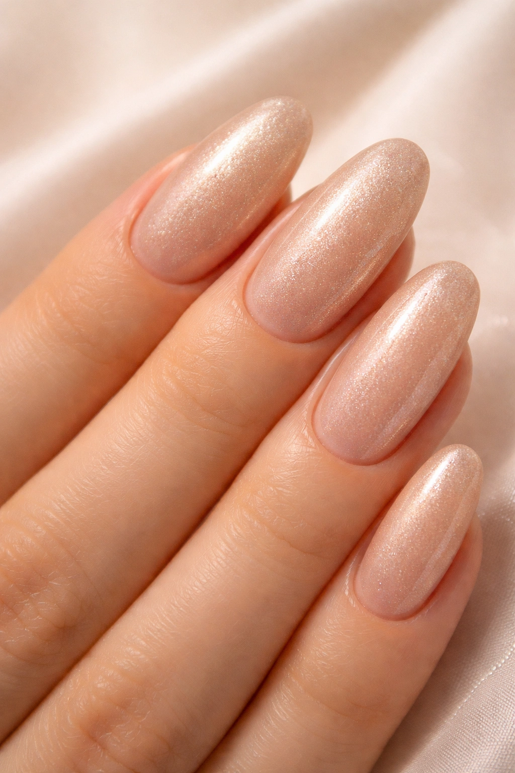 Close-up of champagne shimmer nails with warm gold tones