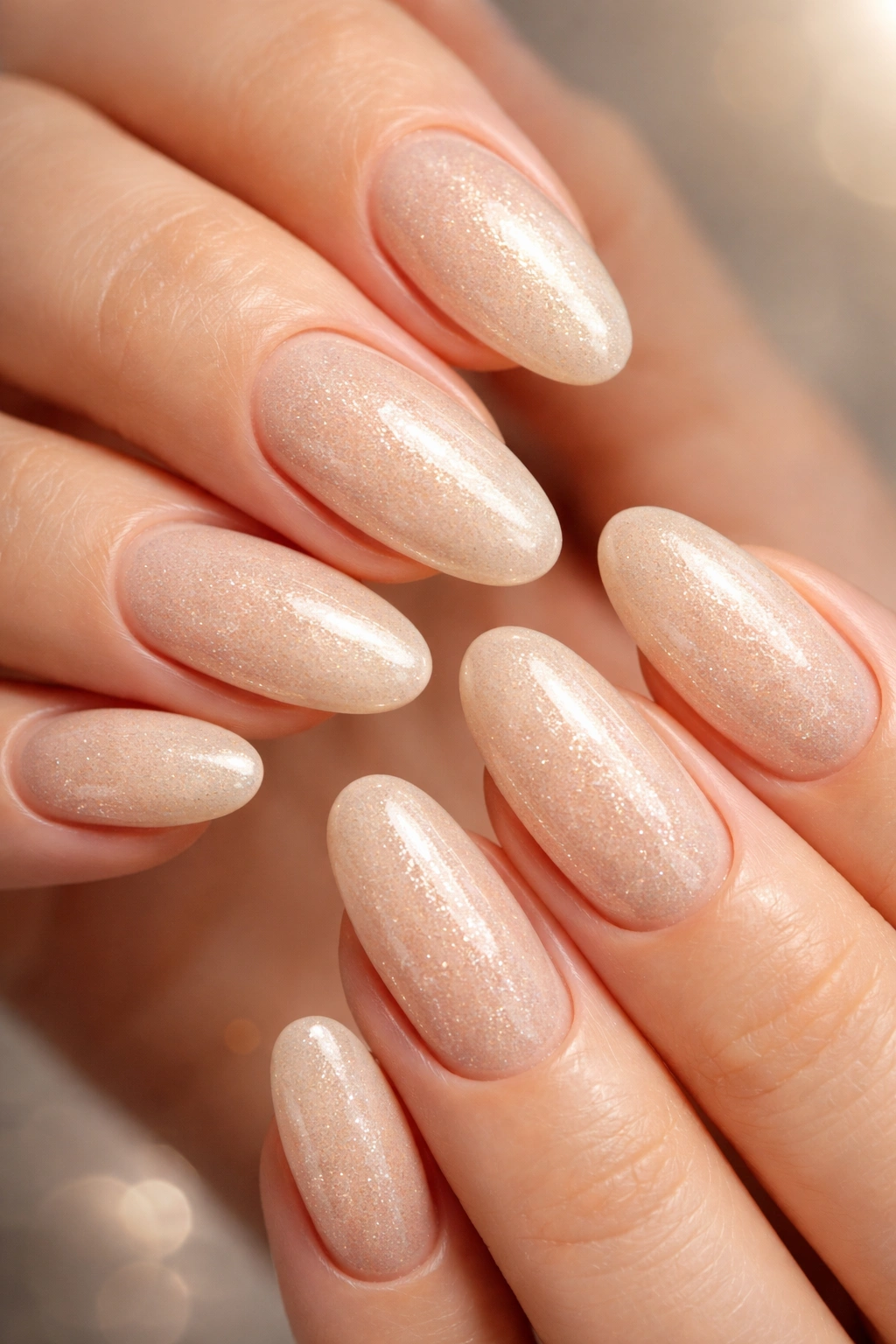 Close-up of champagne nails with subtle sparkle on long oval nails