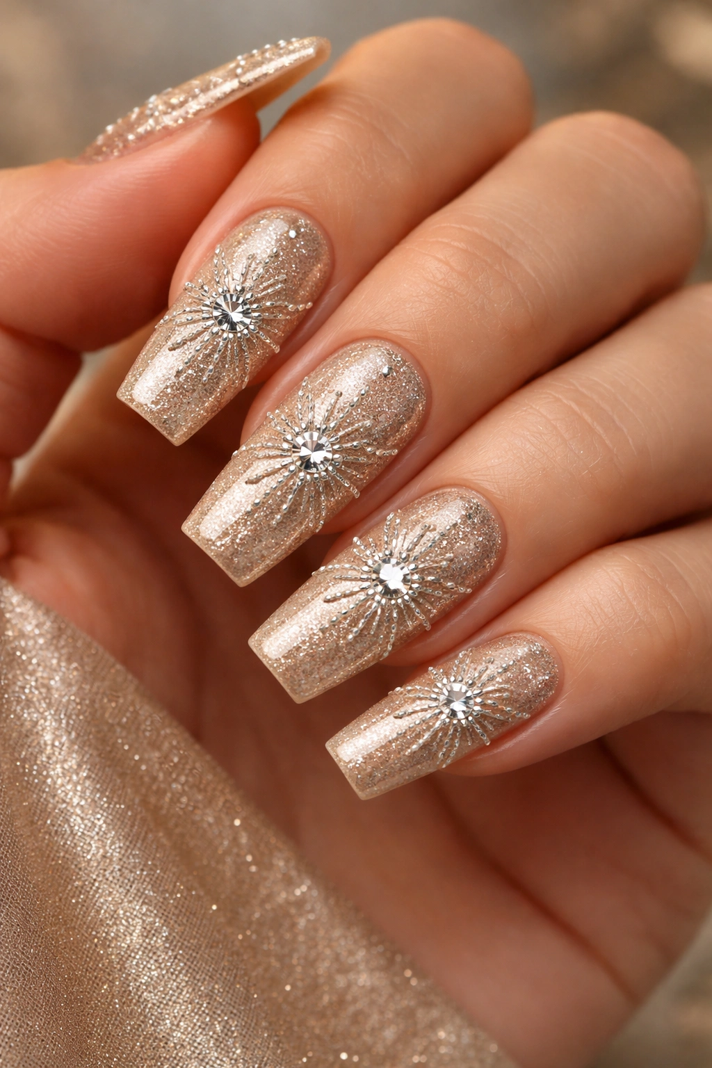 Nails with champagne base and starburst rhinestone pattern