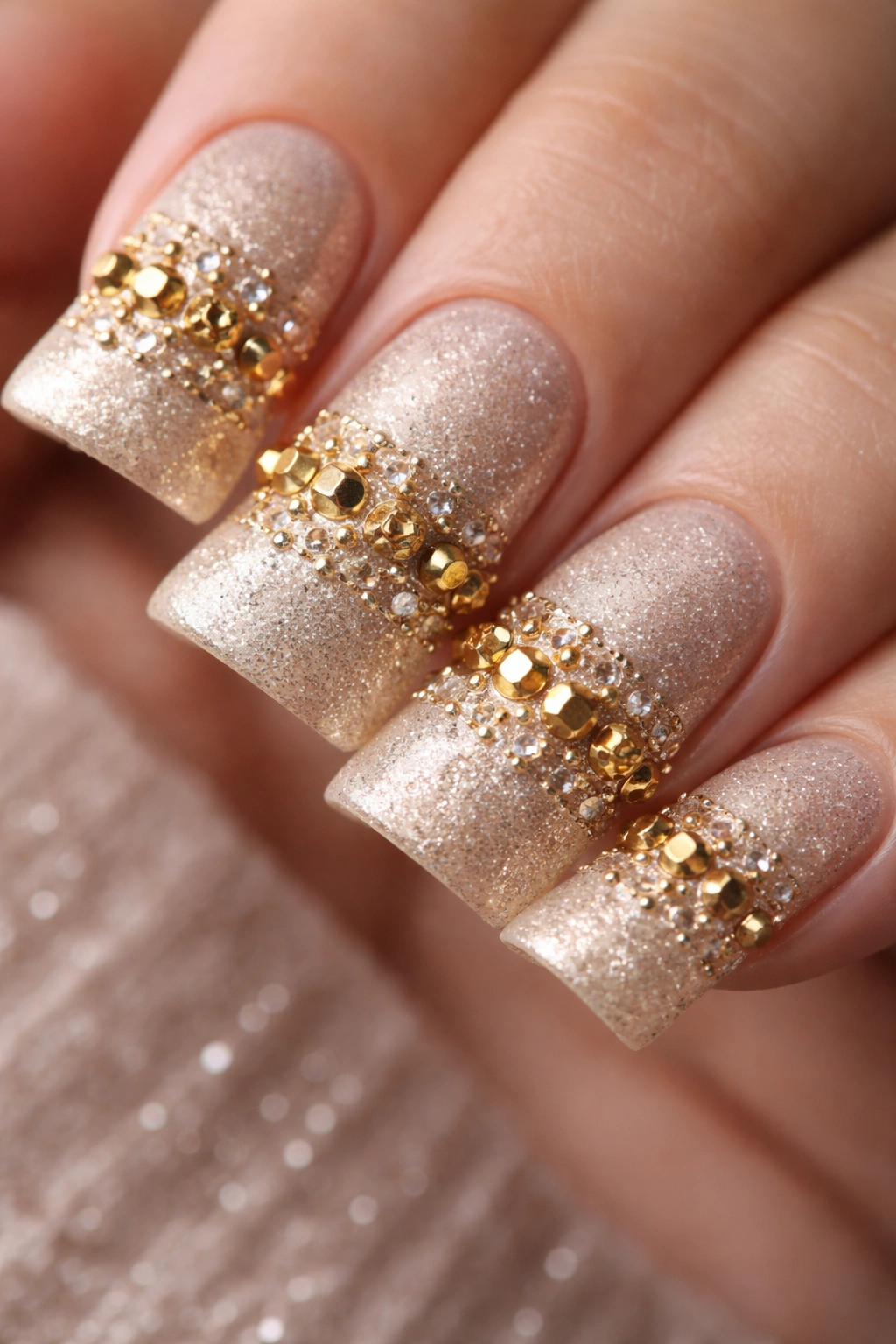 Duck nail with champagne shimmer base and gold studs with micro gems